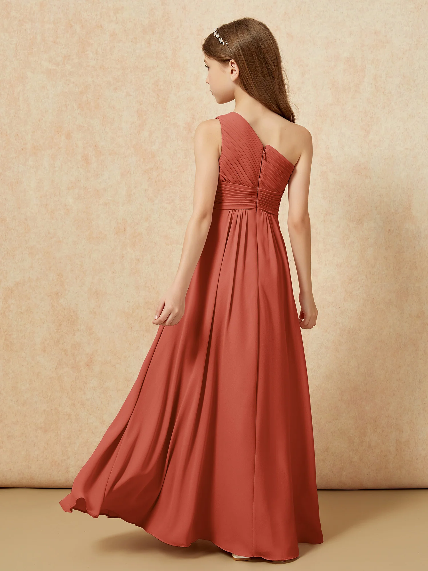 One Shoulder Pleated Chiffon Junior Bridesmaid Dress Rust - Image 2