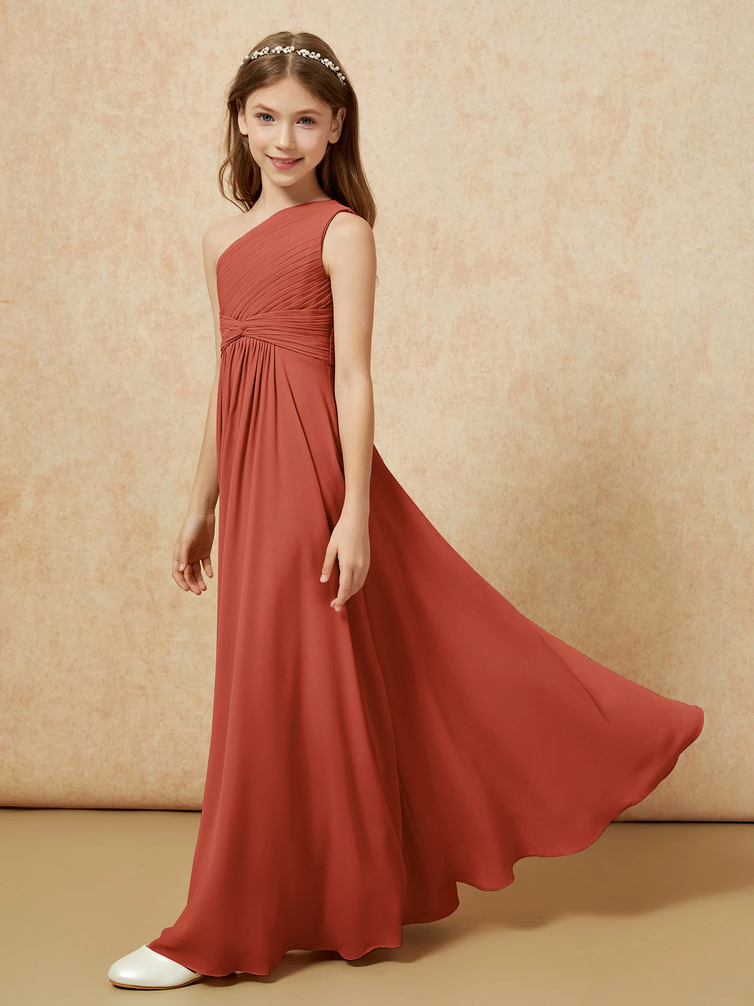 One Shoulder Pleated Chiffon Junior Bridesmaid Dress Rust - Image 3