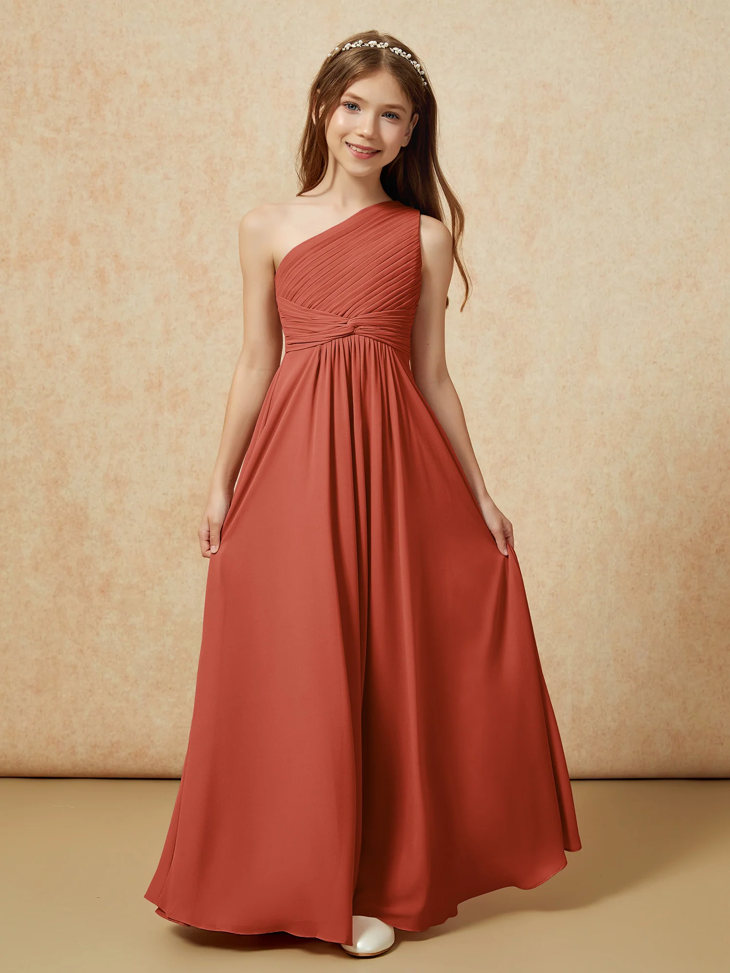 One Shoulder Pleated Chiffon Junior Bridesmaid Dress Rust - Image 4
