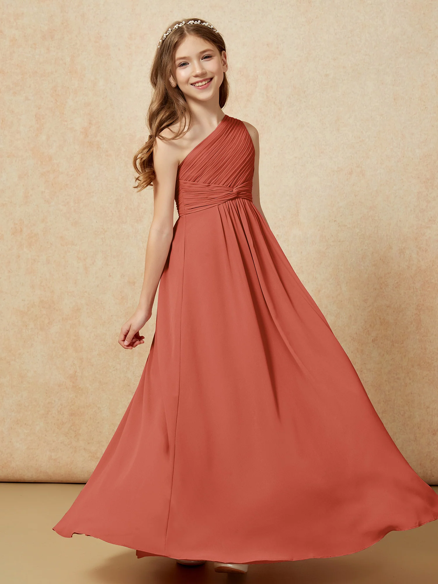 One Shoulder Pleated Chiffon Junior Bridesmaid Dress Rust - Image 5