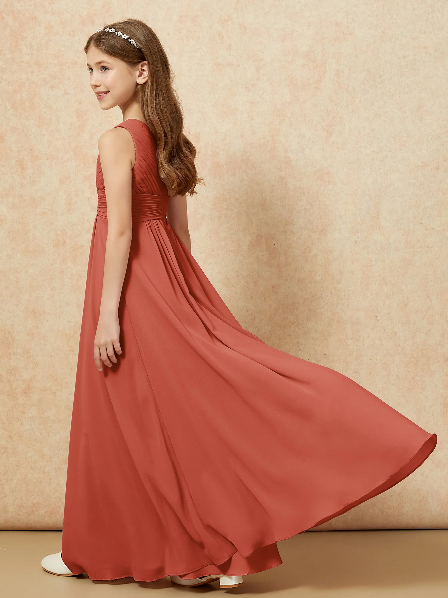 One Shoulder Pleated Chiffon Junior Bridesmaid Dress Rust - Image 6