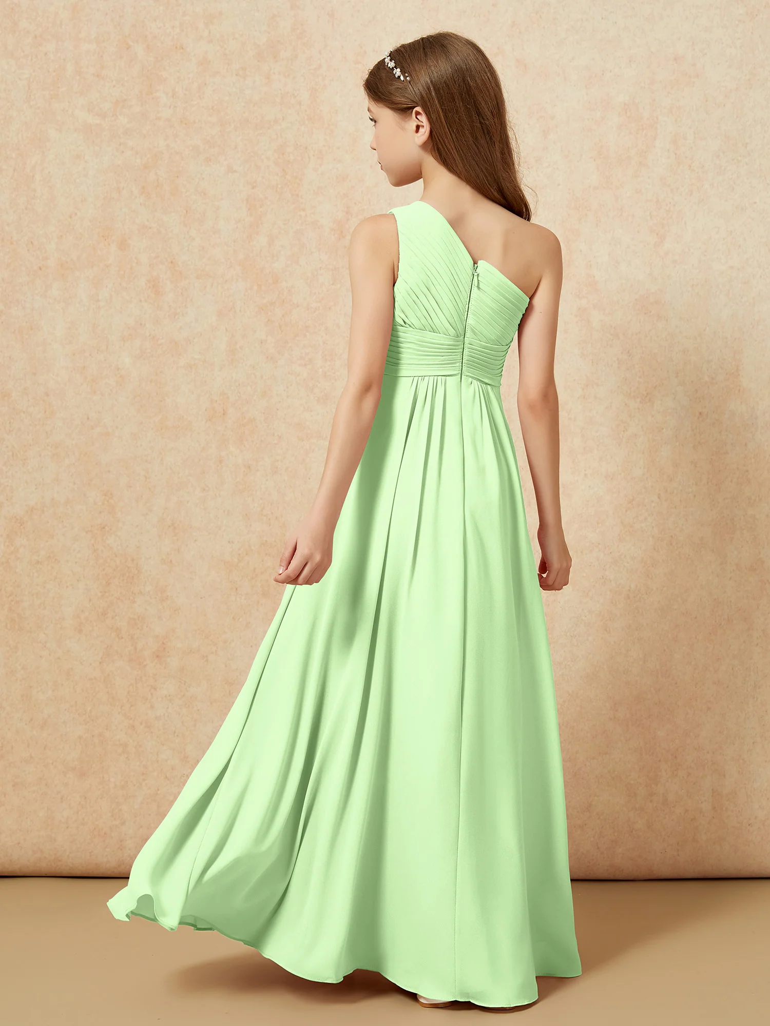 One Shoulder Pleated Chiffon Junior Bridesmaid Dress Sage - Image 2