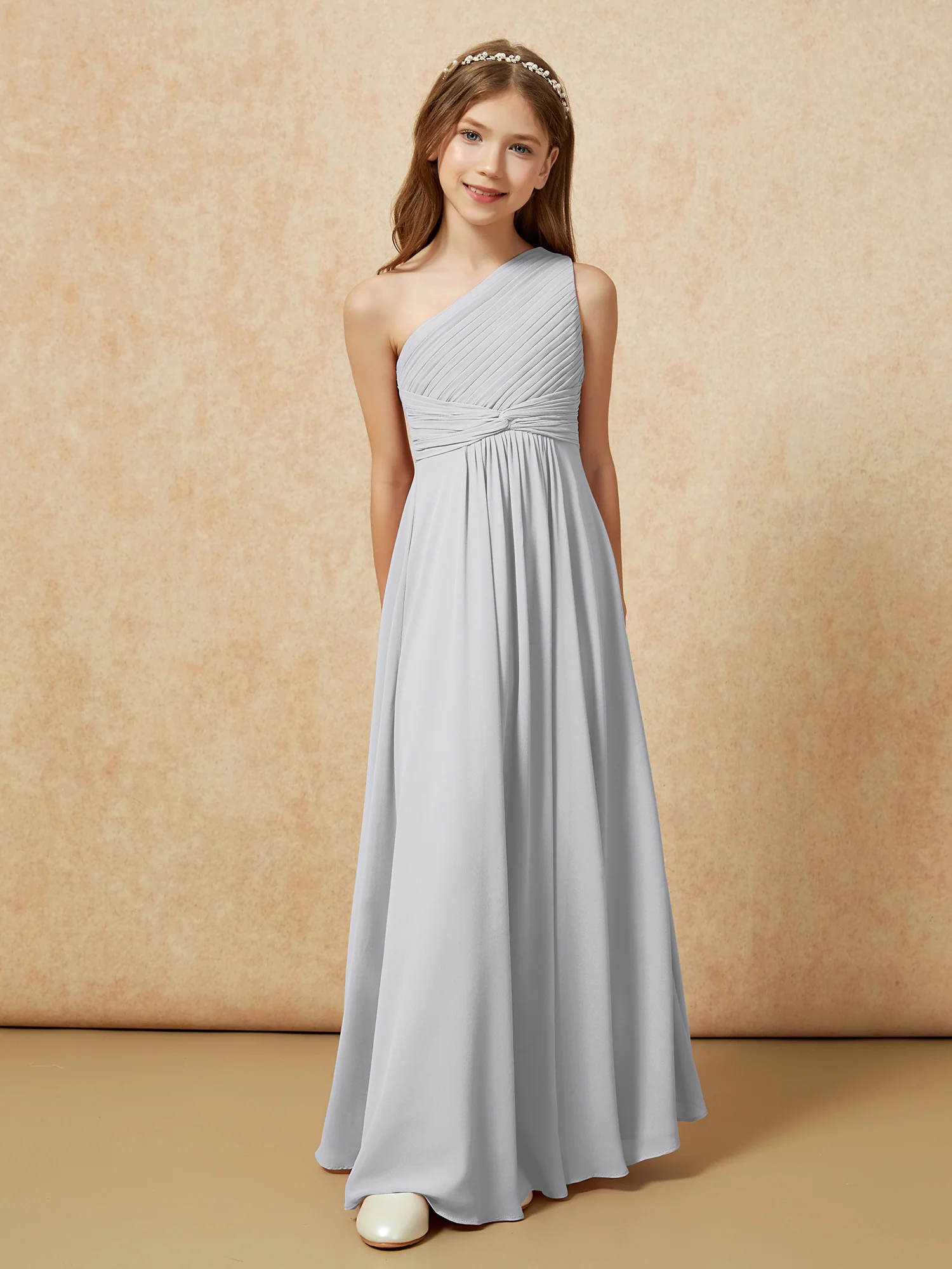 One Shoulder Pleated Chiffon Junior Bridesmaid Dress Silver