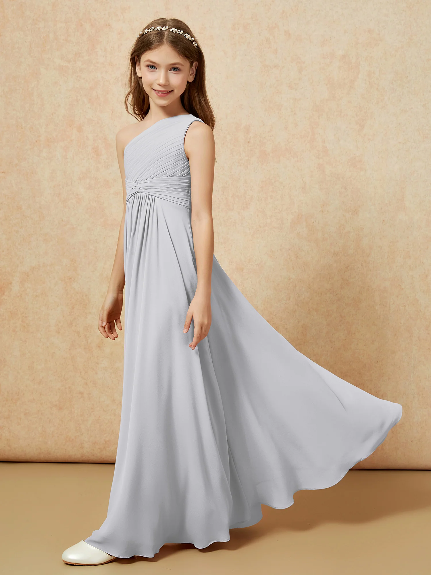 One Shoulder Pleated Chiffon Junior Bridesmaid Dress Silver - Image 3