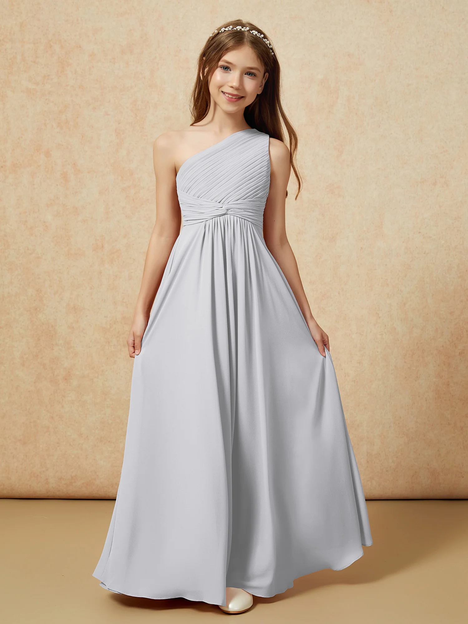 One Shoulder Pleated Chiffon Junior Bridesmaid Dress Silver - Image 4