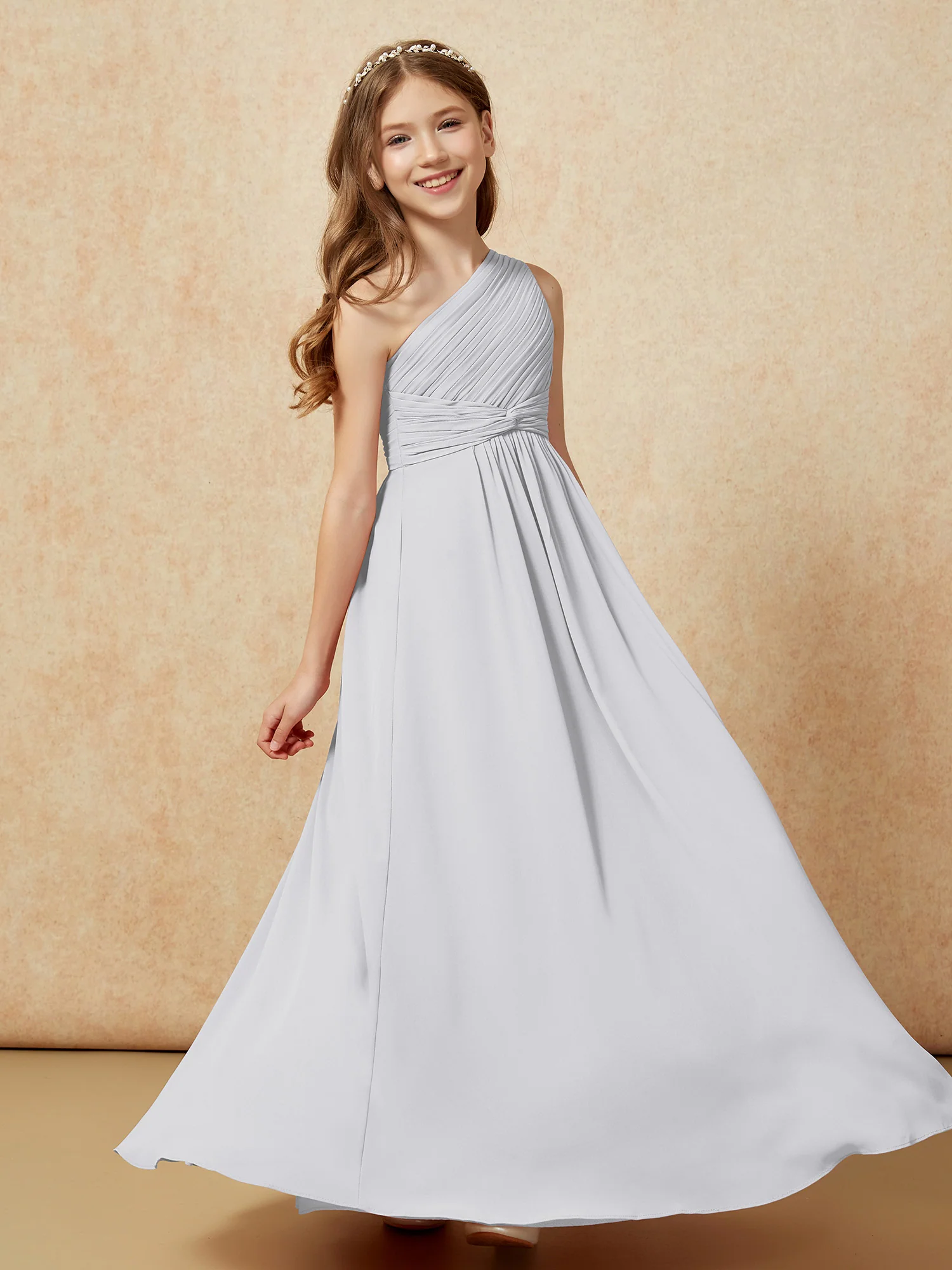 One Shoulder Pleated Chiffon Junior Bridesmaid Dress Silver - Image 5