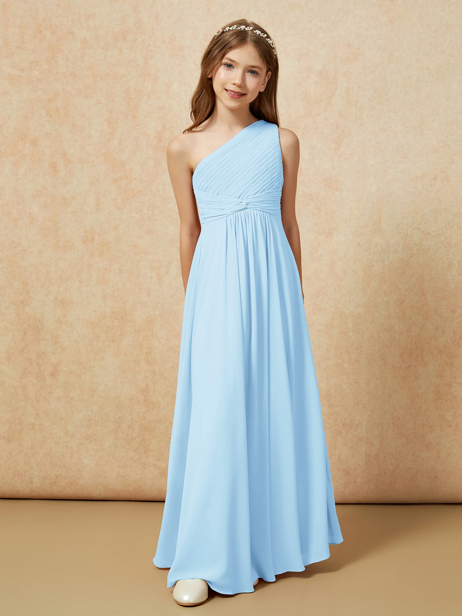 One Shoulder Pleated Chiffon Junior Bridesmaid Dress Sky Blue