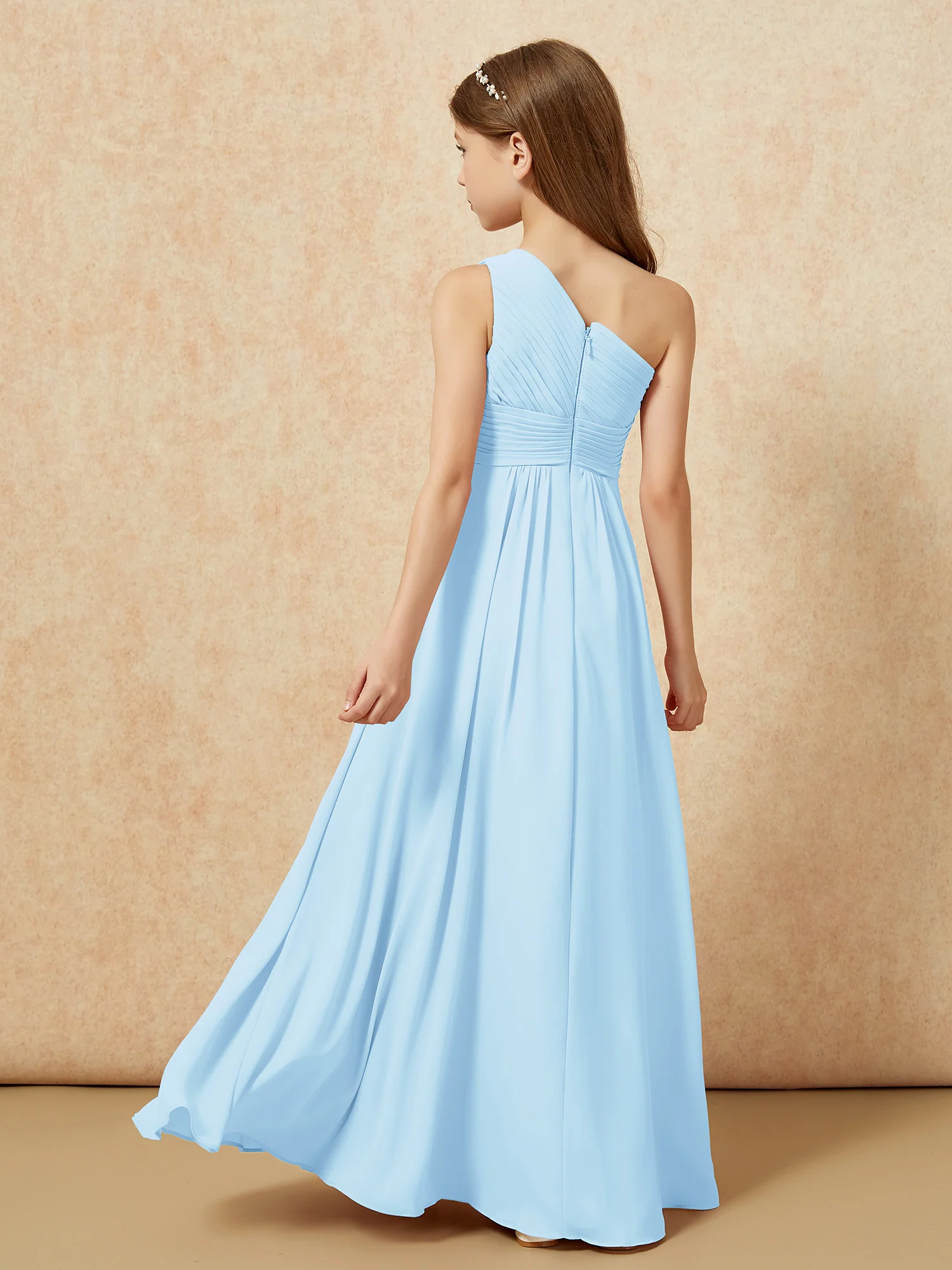 One Shoulder Pleated Chiffon Junior Bridesmaid Dress Sky Blue - Image 2