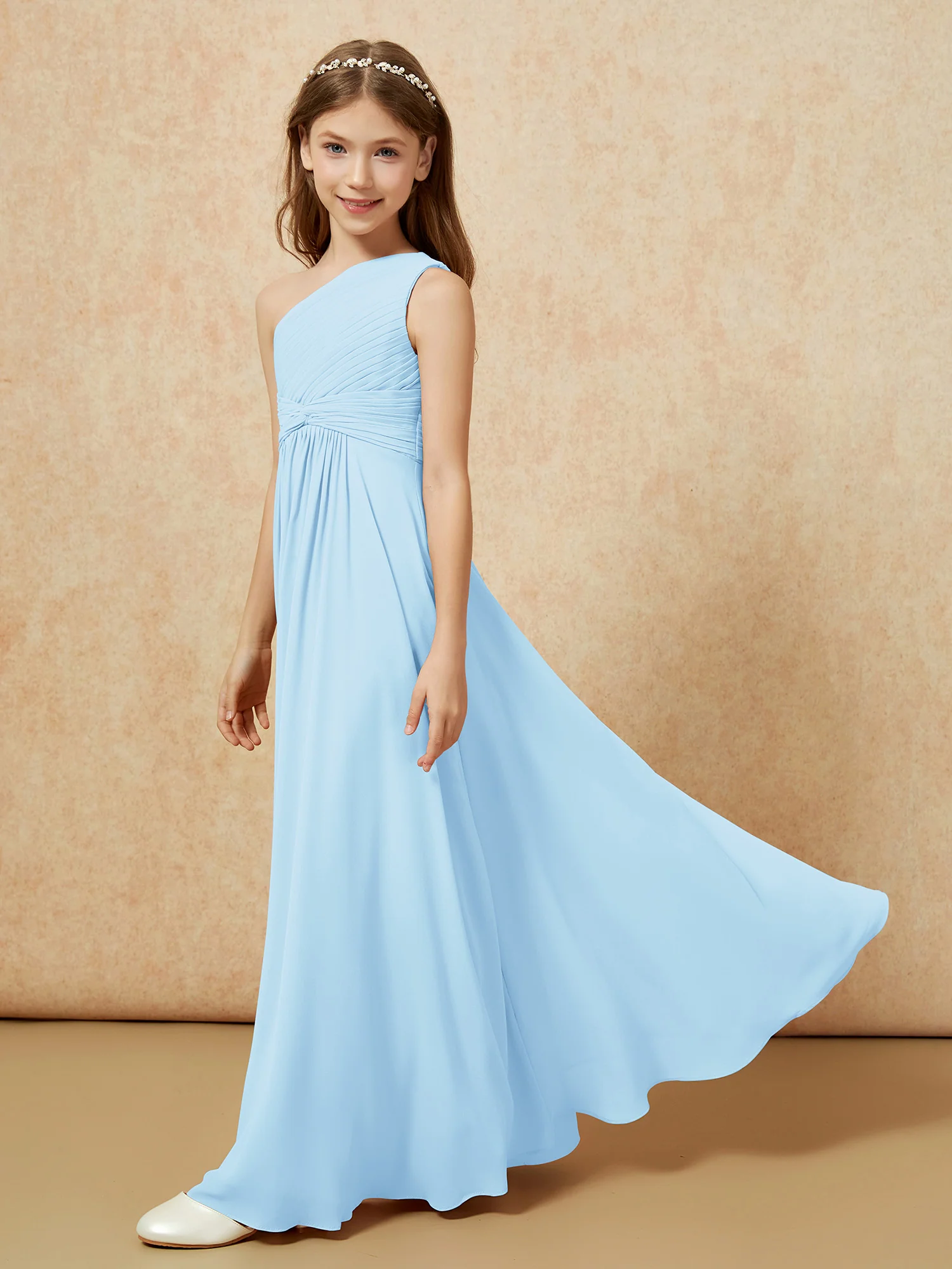 One Shoulder Pleated Chiffon Junior Bridesmaid Dress Sky Blue - Image 3