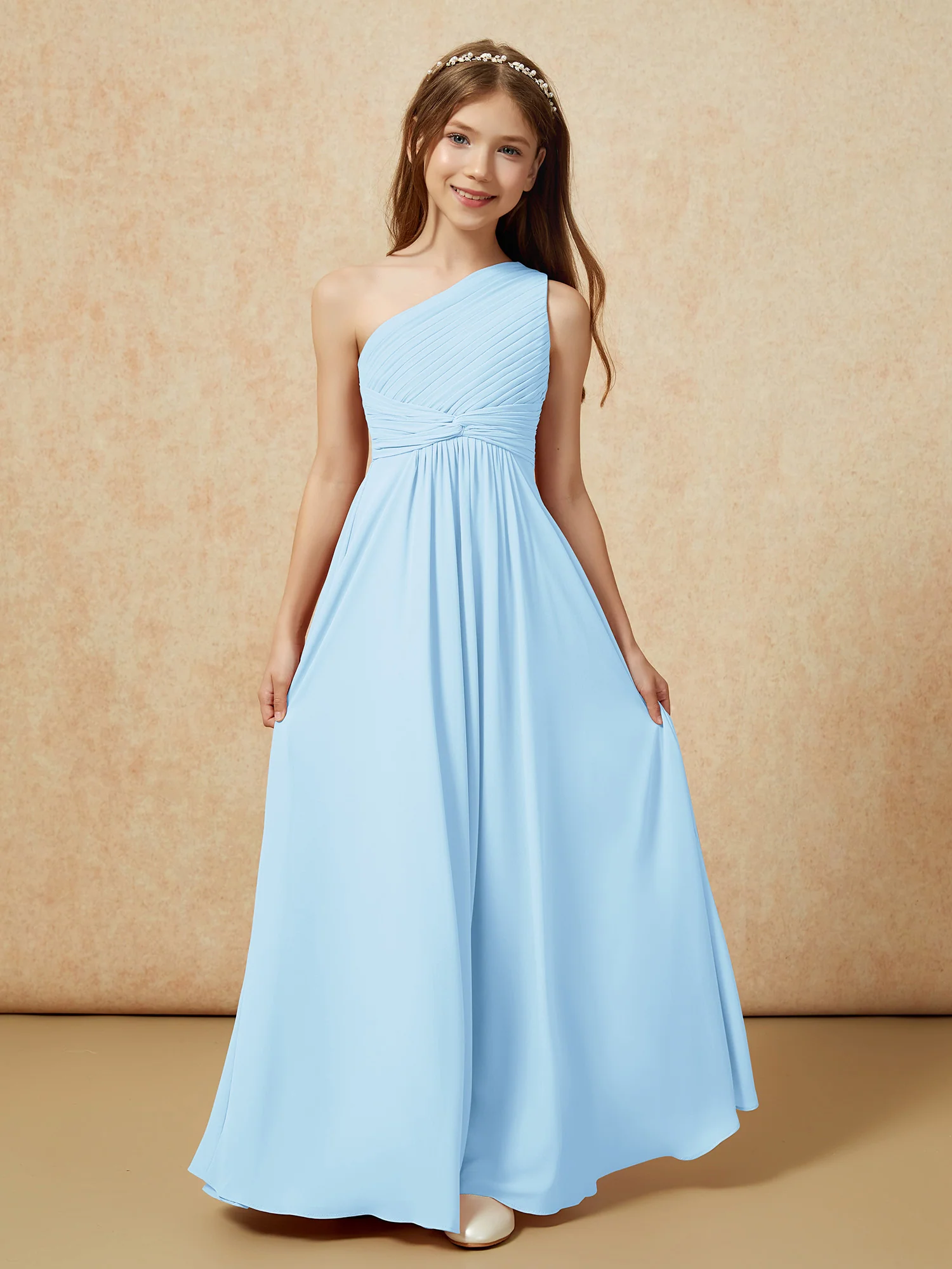 One Shoulder Pleated Chiffon Junior Bridesmaid Dress Sky Blue - Image 4