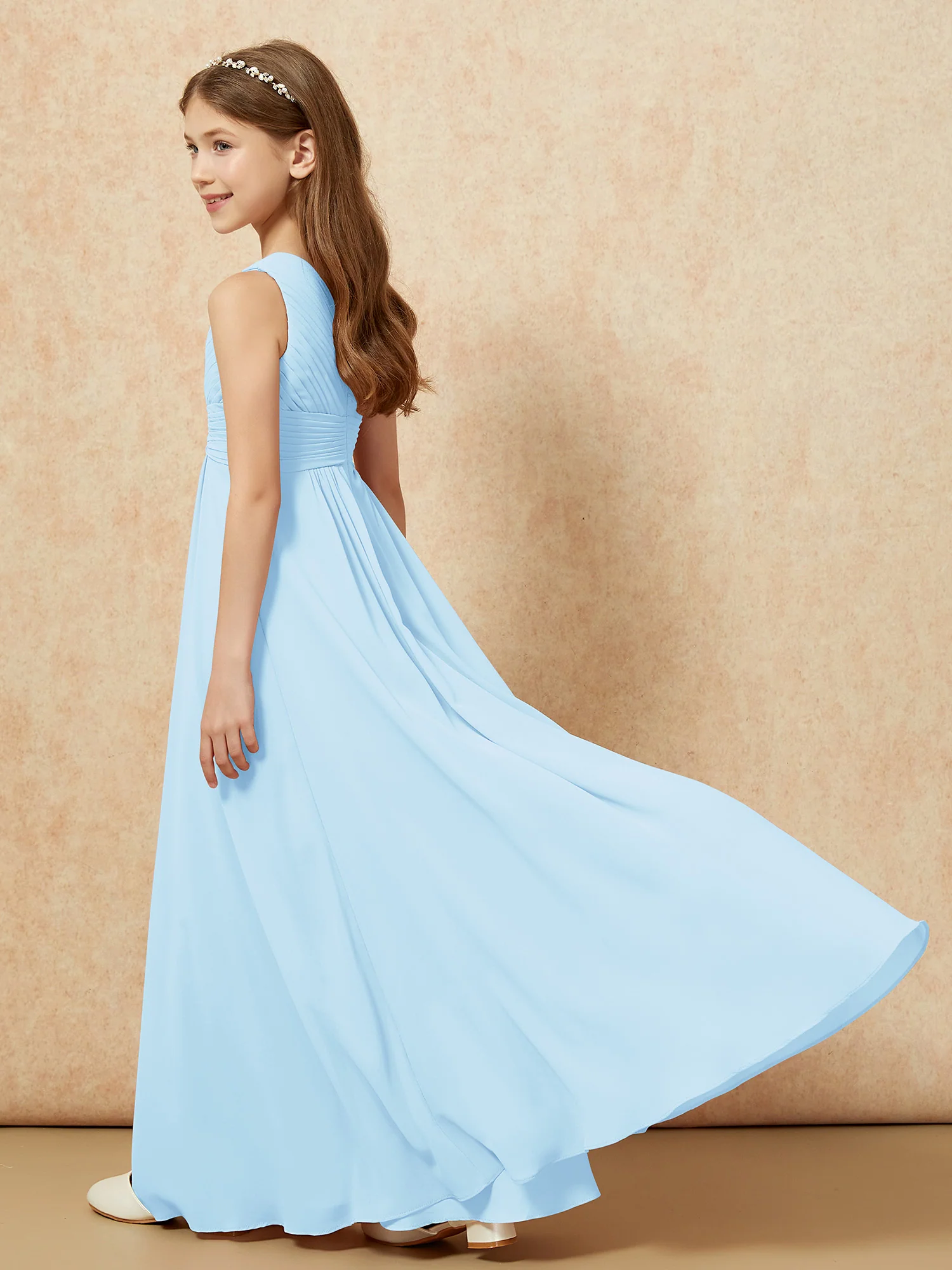 One Shoulder Pleated Chiffon Junior Bridesmaid Dress Sky Blue - Image 6