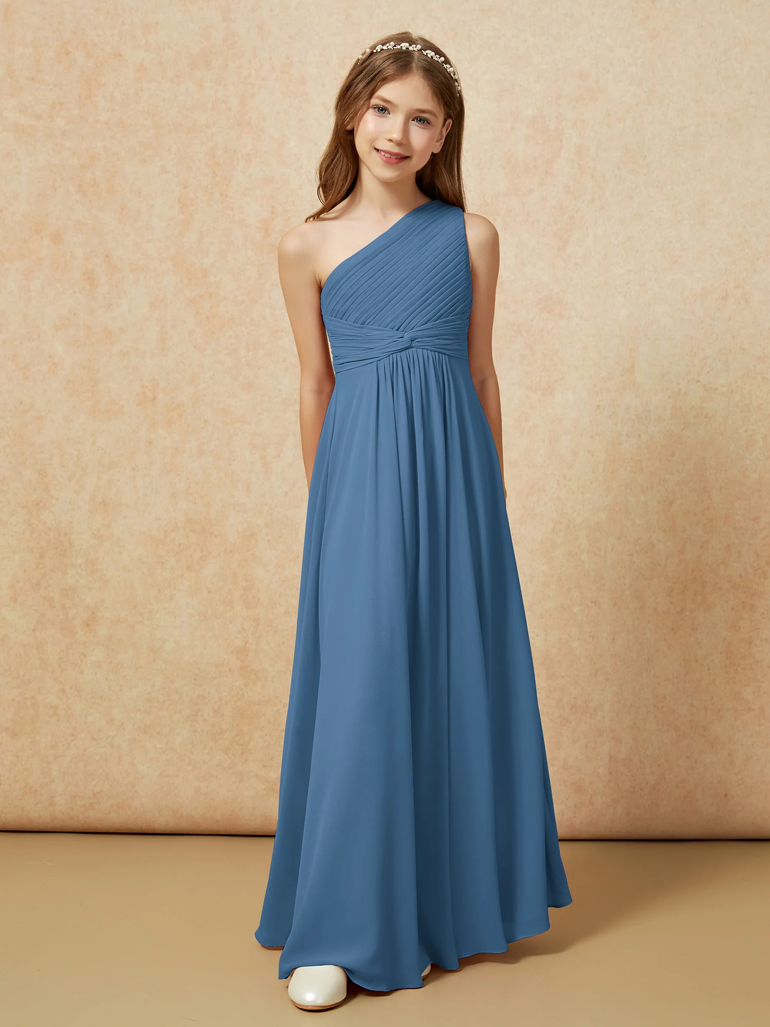 One Shoulder Pleated Chiffon Junior Bridesmaid Dress Slate Blue