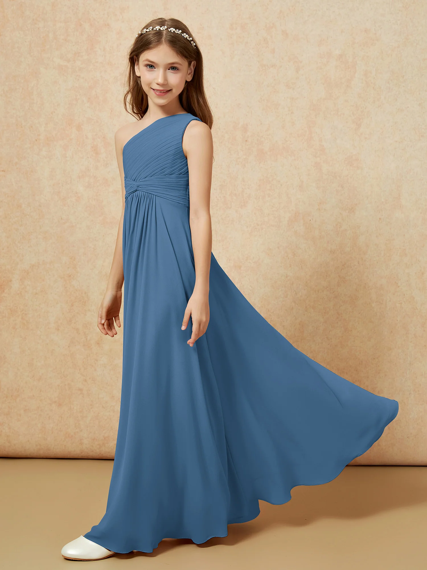 One Shoulder Pleated Chiffon Junior Bridesmaid Dress Slate Blue - Image 3