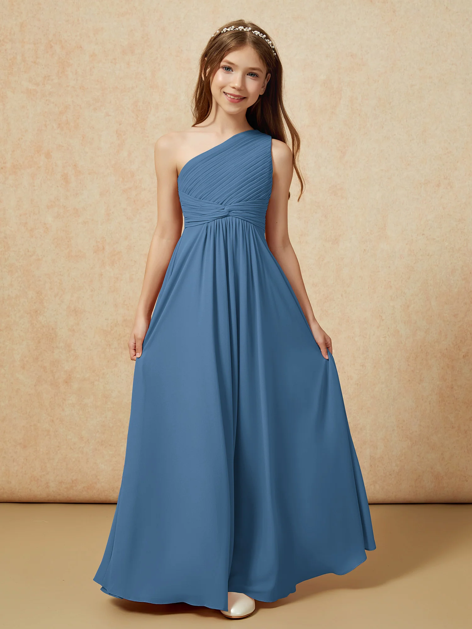 One Shoulder Pleated Chiffon Junior Bridesmaid Dress Slate Blue - Image 4