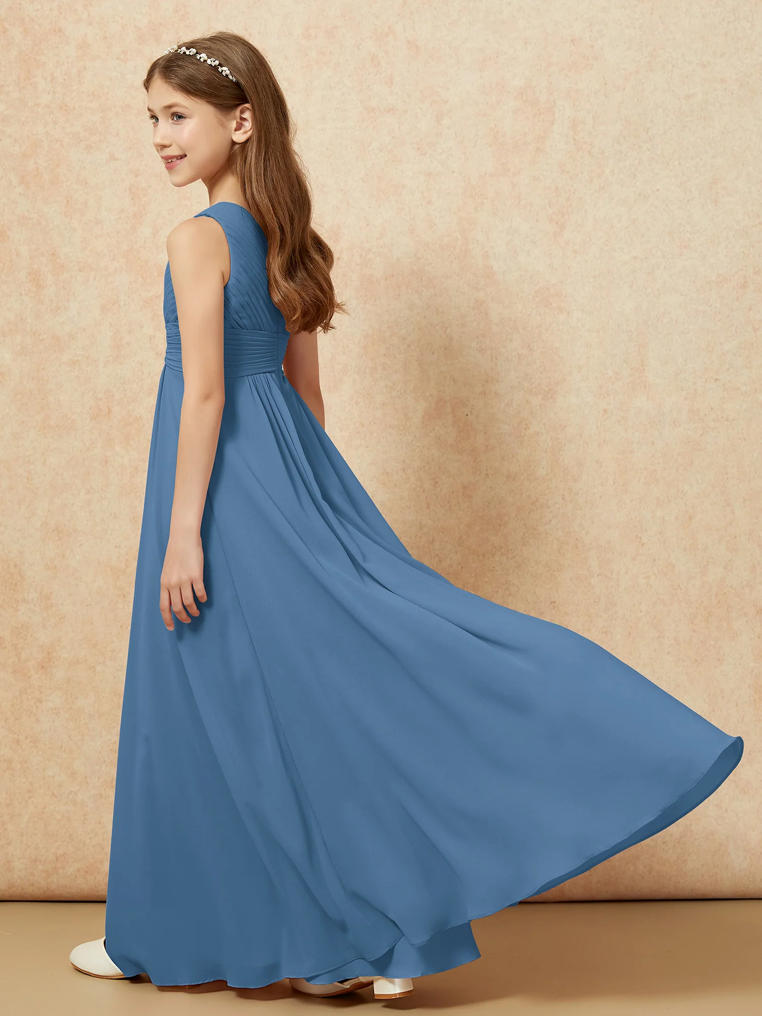 One Shoulder Pleated Chiffon Junior Bridesmaid Dress Slate Blue - Image 6