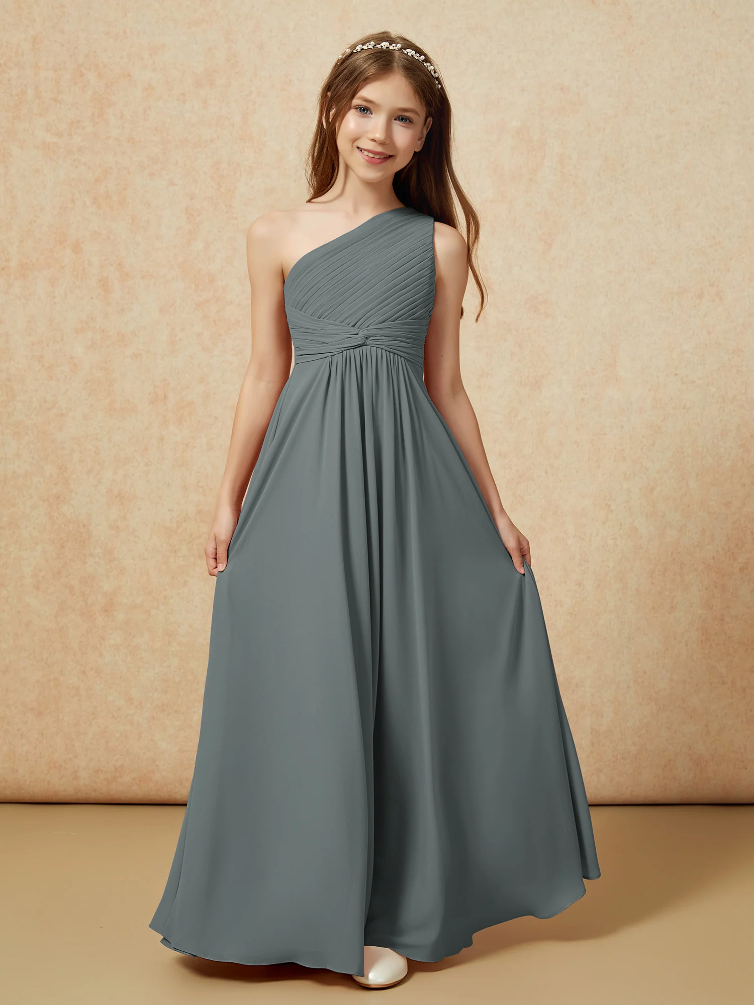 One Shoulder Pleated Chiffon Junior Bridesmaid Dress Steel Grey - Image 4
