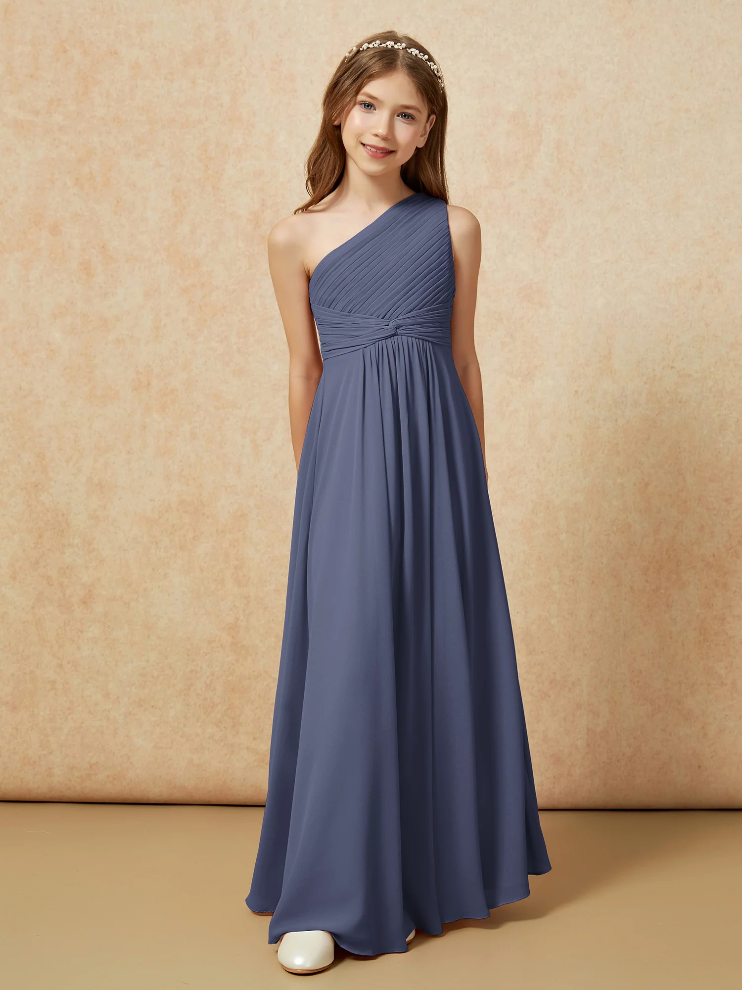 One Shoulder Pleated Chiffon Junior Bridesmaid Dress Stormy
