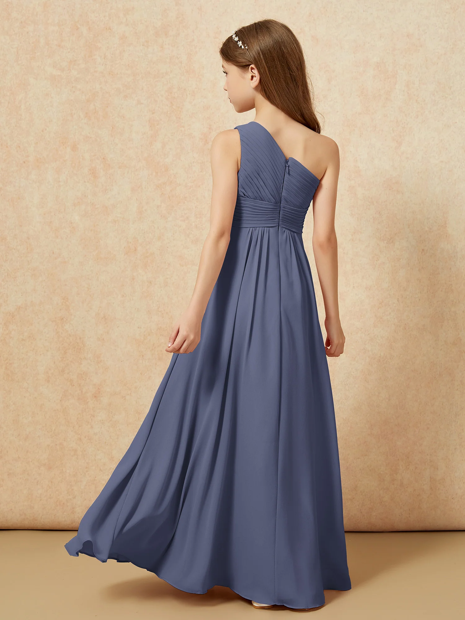 One Shoulder Pleated Chiffon Junior Bridesmaid Dress Stormy - Image 2