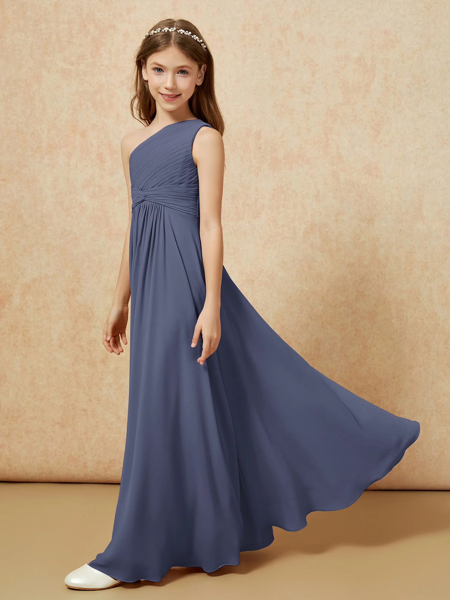 One Shoulder Pleated Chiffon Junior Bridesmaid Dress Stormy - Image 3