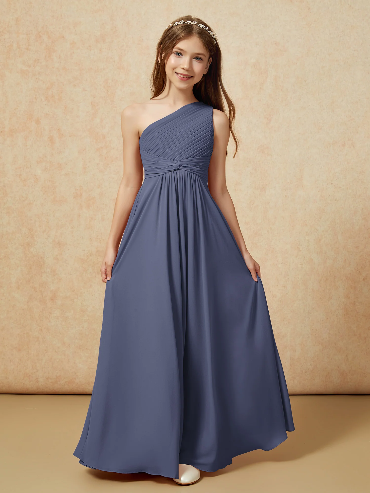One Shoulder Pleated Chiffon Junior Bridesmaid Dress Stormy - Image 4