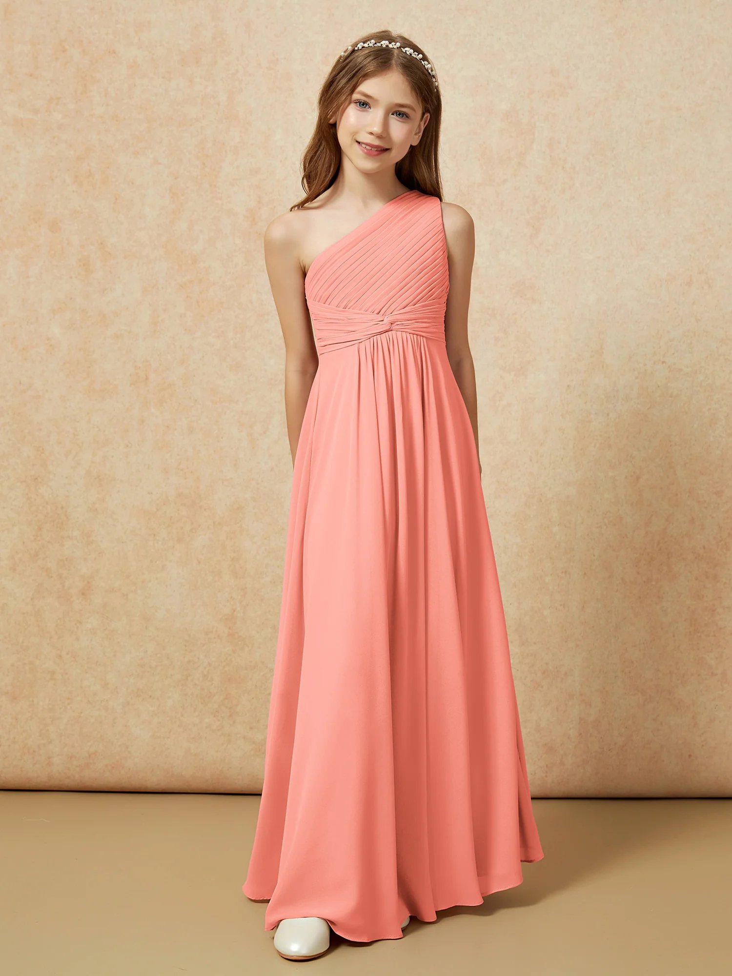 One Shoulder Pleated Chiffon Junior Bridesmaid Dress Sunset