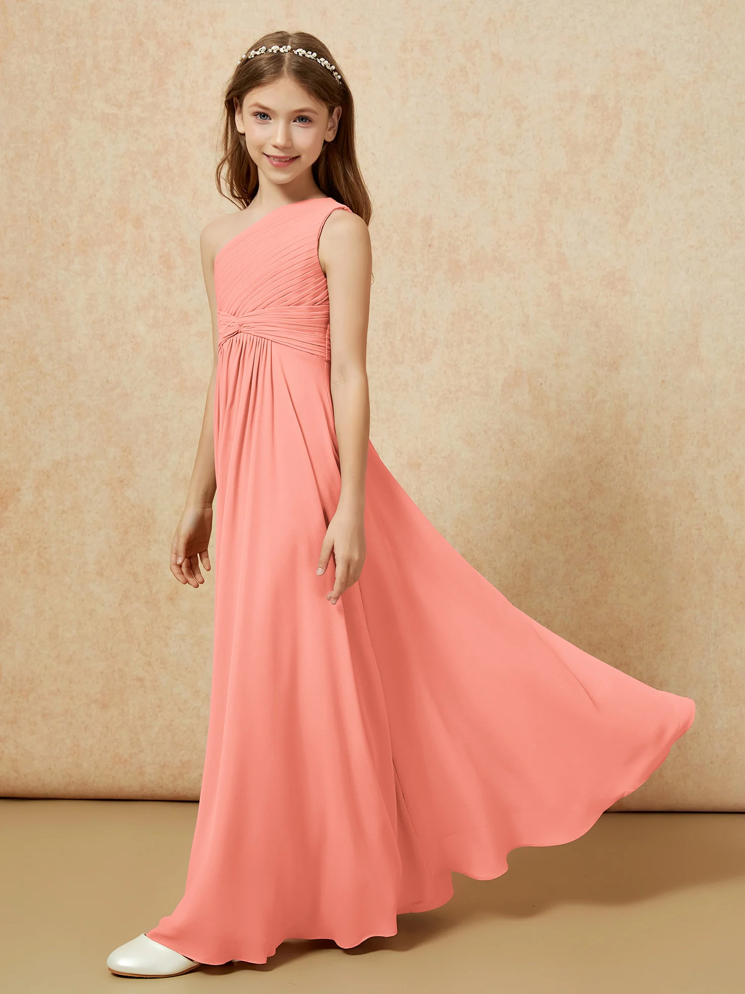 One Shoulder Pleated Chiffon Junior Bridesmaid Dress Sunset - Image 3