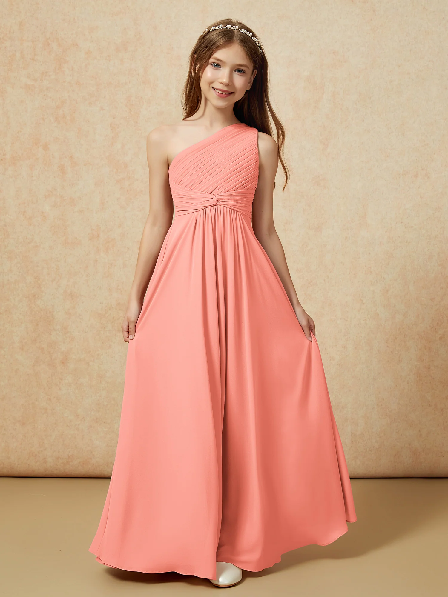 One Shoulder Pleated Chiffon Junior Bridesmaid Dress Sunset - Image 4