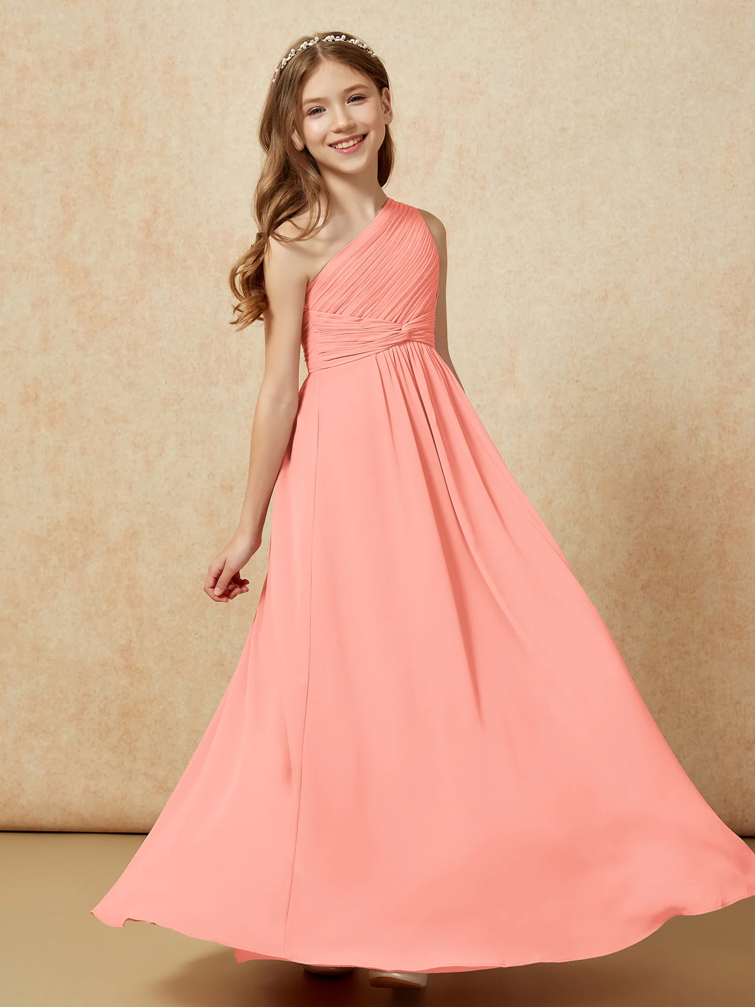 One Shoulder Pleated Chiffon Junior Bridesmaid Dress Sunset - Image 5