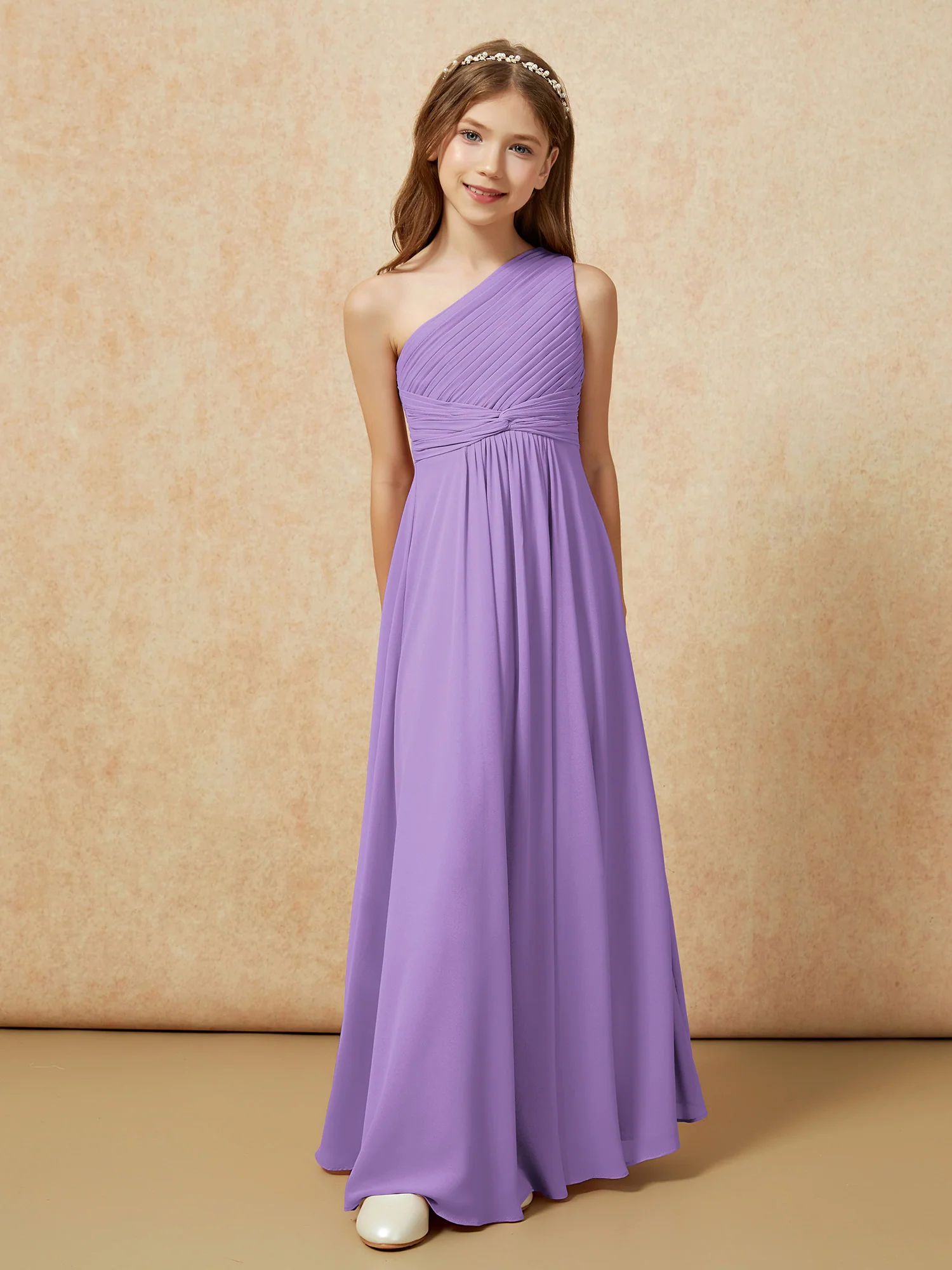 One Shoulder Pleated Chiffon Junior Bridesmaid Dress Tahiti