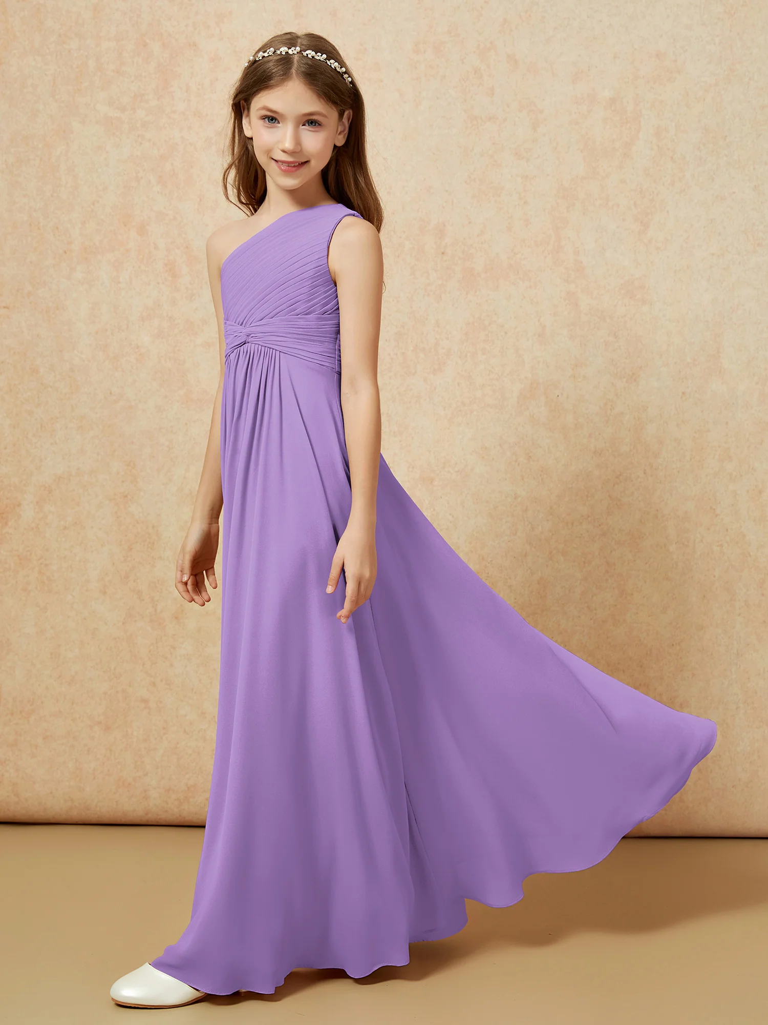 One Shoulder Pleated Chiffon Junior Bridesmaid Dress Tahiti - Image 3