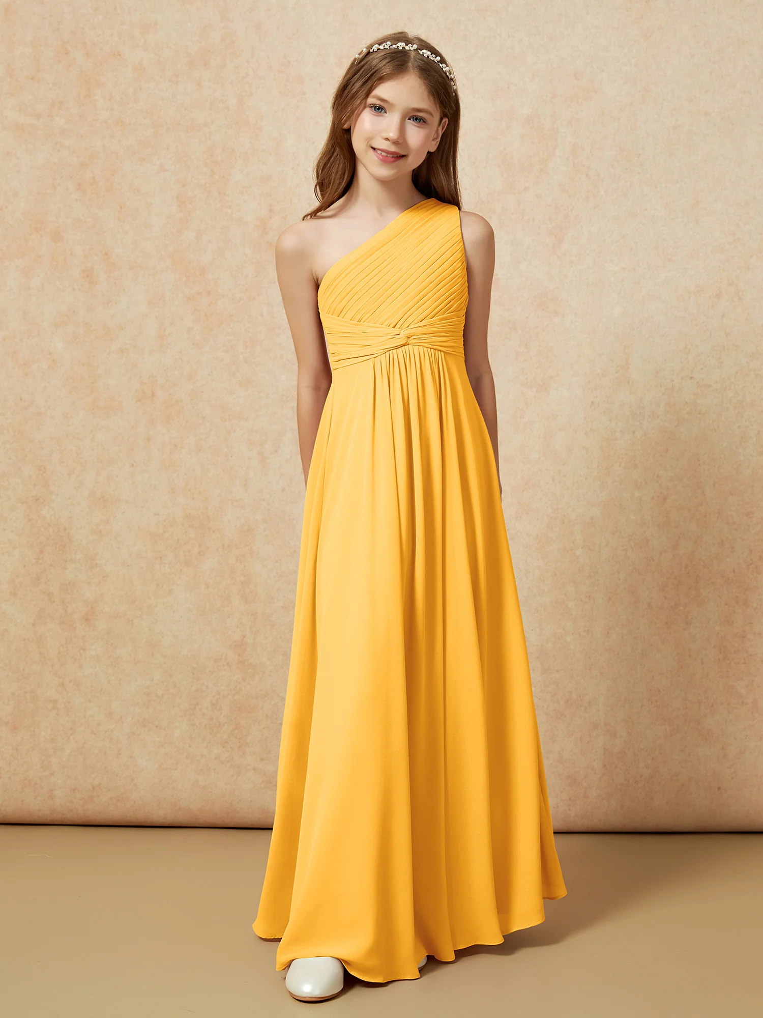One Shoulder Pleated Chiffon Junior Bridesmaid Dress Tangerine