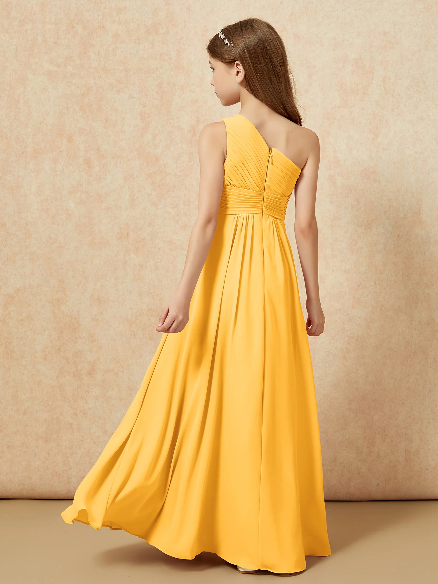One Shoulder Pleated Chiffon Junior Bridesmaid Dress Tangerine - Image 2