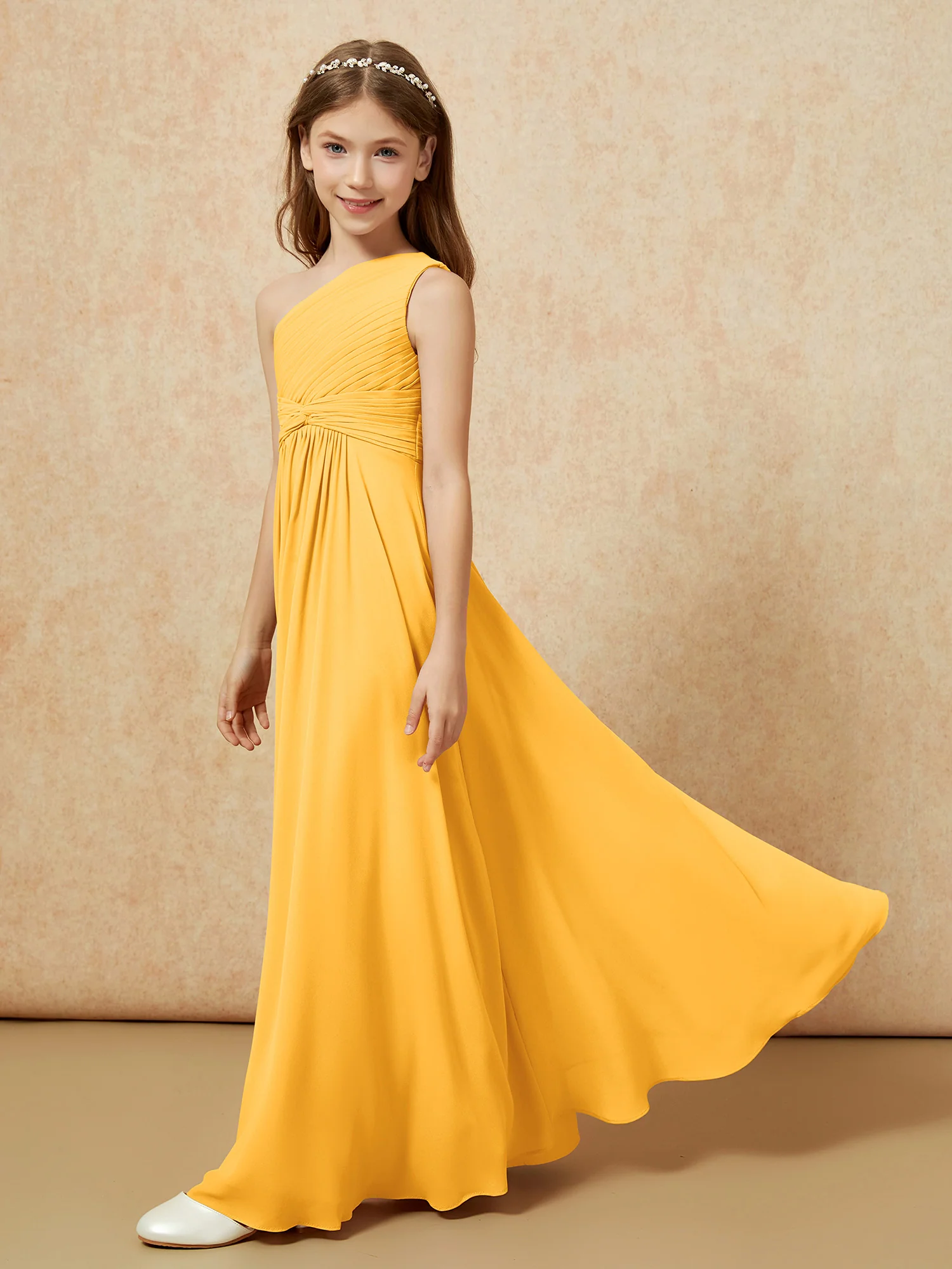 One Shoulder Pleated Chiffon Junior Bridesmaid Dress Tangerine - Image 3