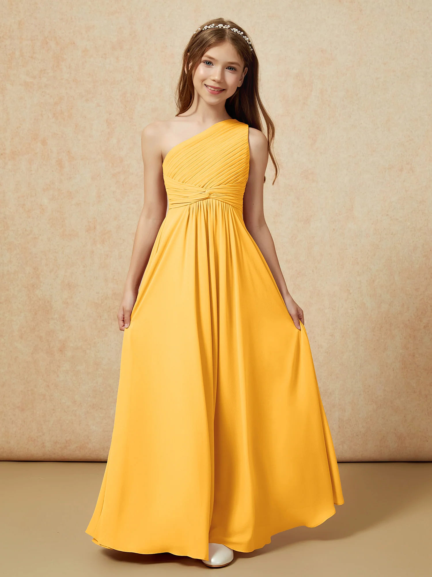 One Shoulder Pleated Chiffon Junior Bridesmaid Dress Tangerine - Image 4