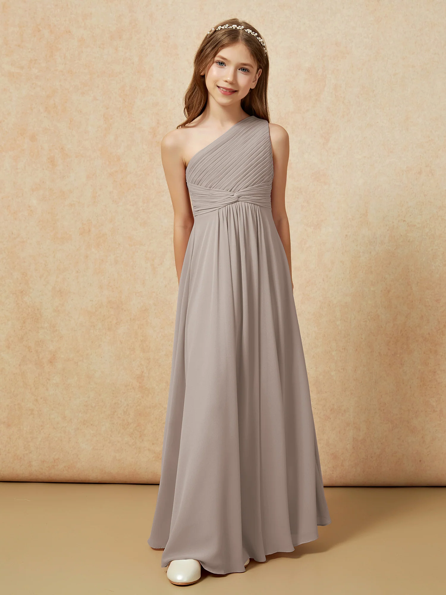 One Shoulder Pleated Chiffon Junior Bridesmaid Dress Taupe