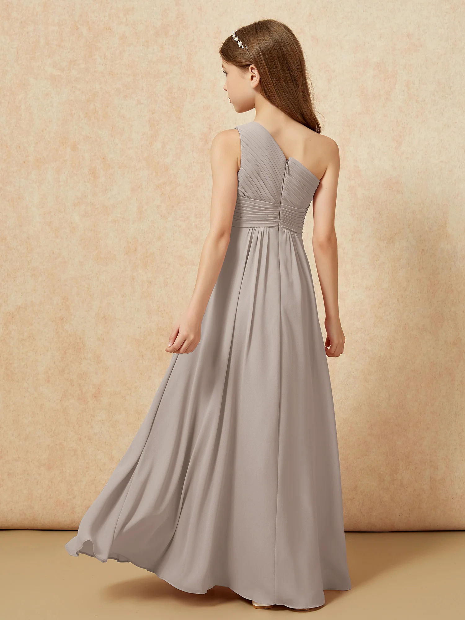 One Shoulder Pleated Chiffon Junior Bridesmaid Dress Taupe - Image 2