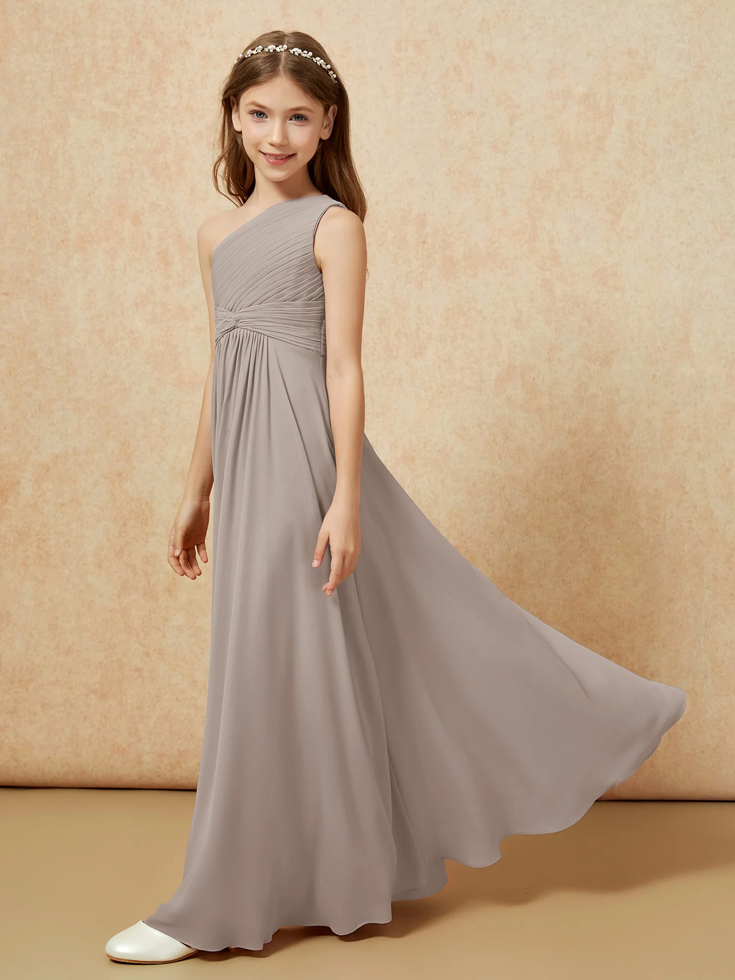 One Shoulder Pleated Chiffon Junior Bridesmaid Dress Taupe - Image 3