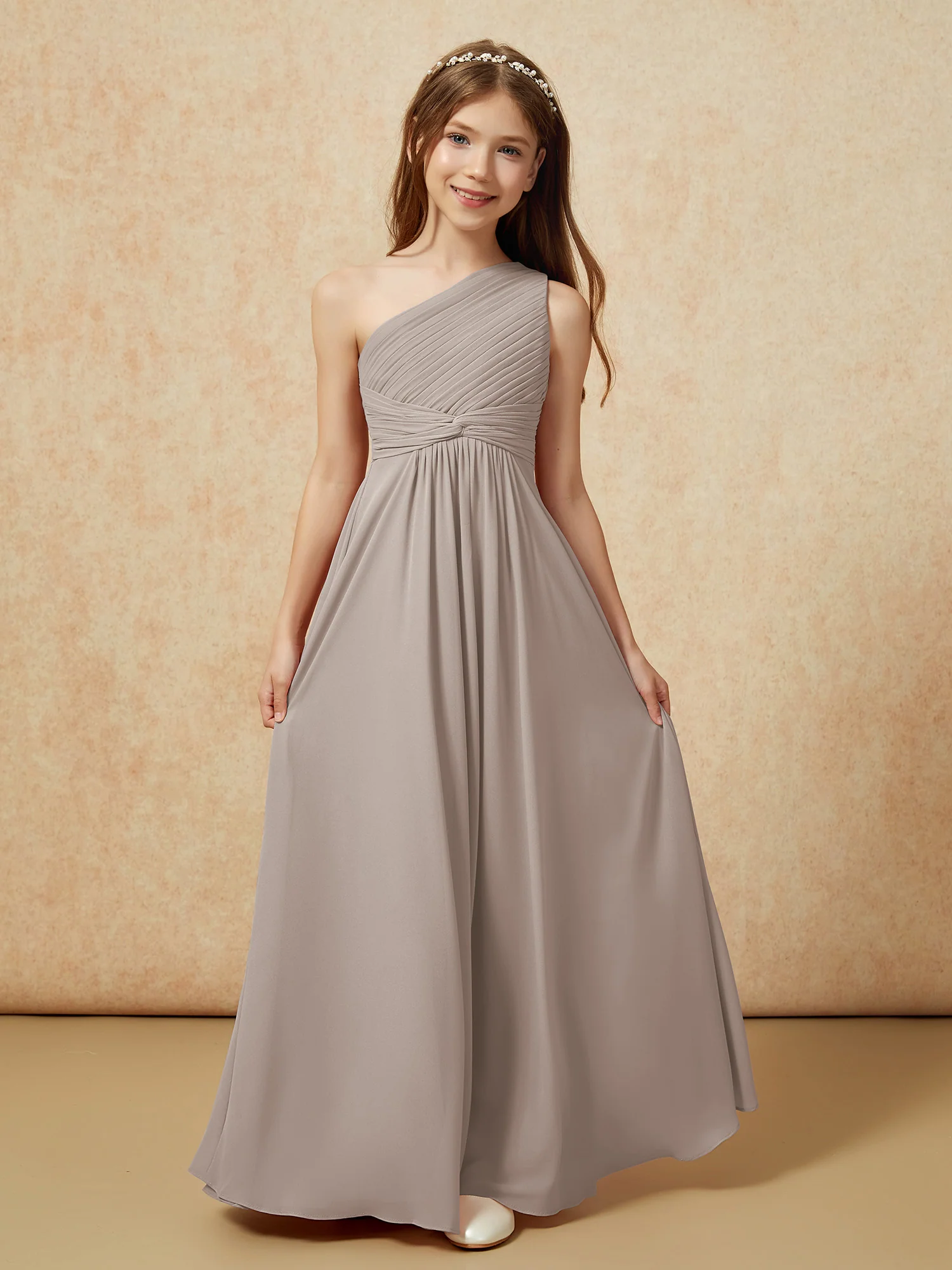 One Shoulder Pleated Chiffon Junior Bridesmaid Dress Taupe - Image 4