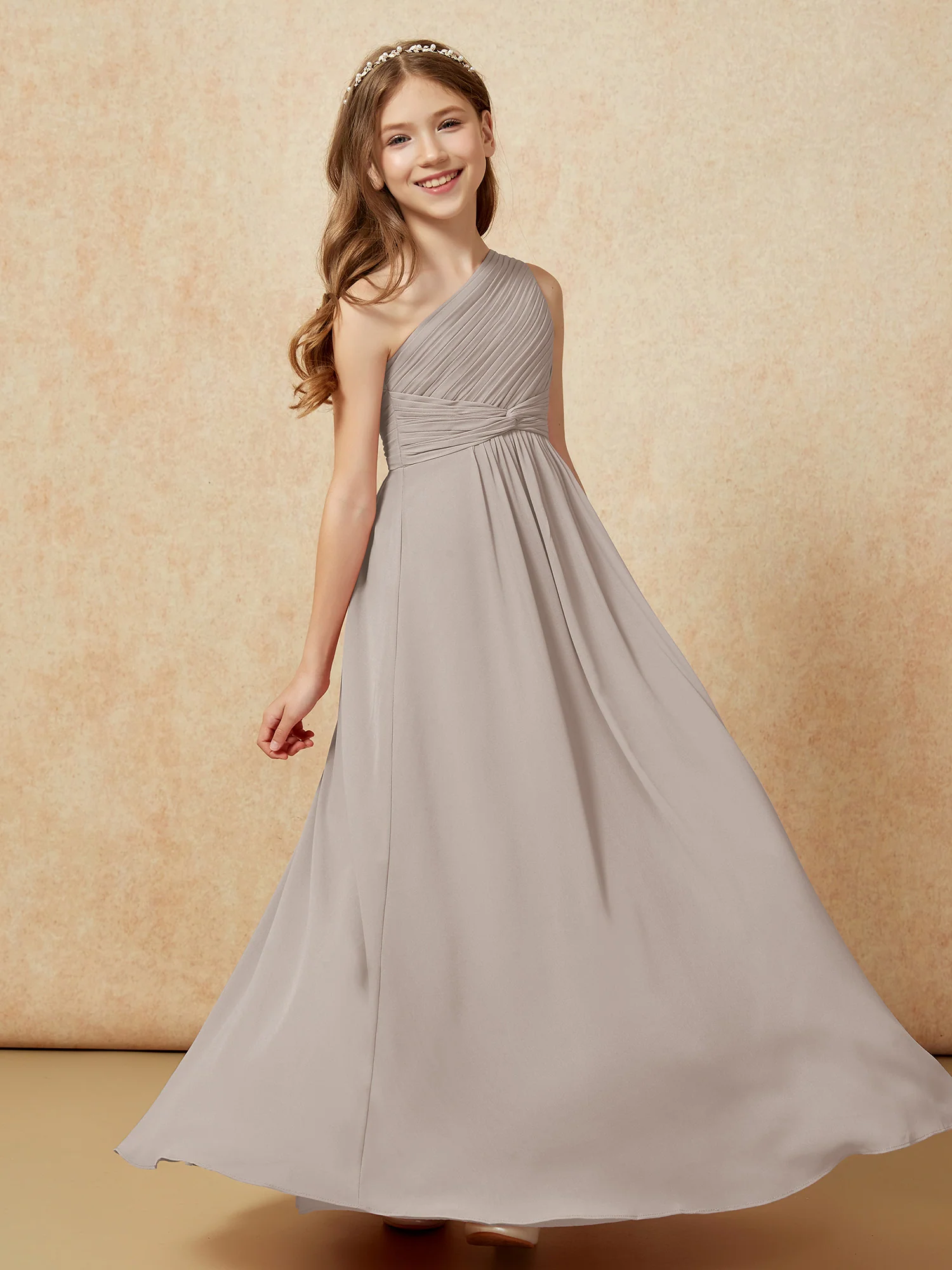 One Shoulder Pleated Chiffon Junior Bridesmaid Dress Taupe - Image 5