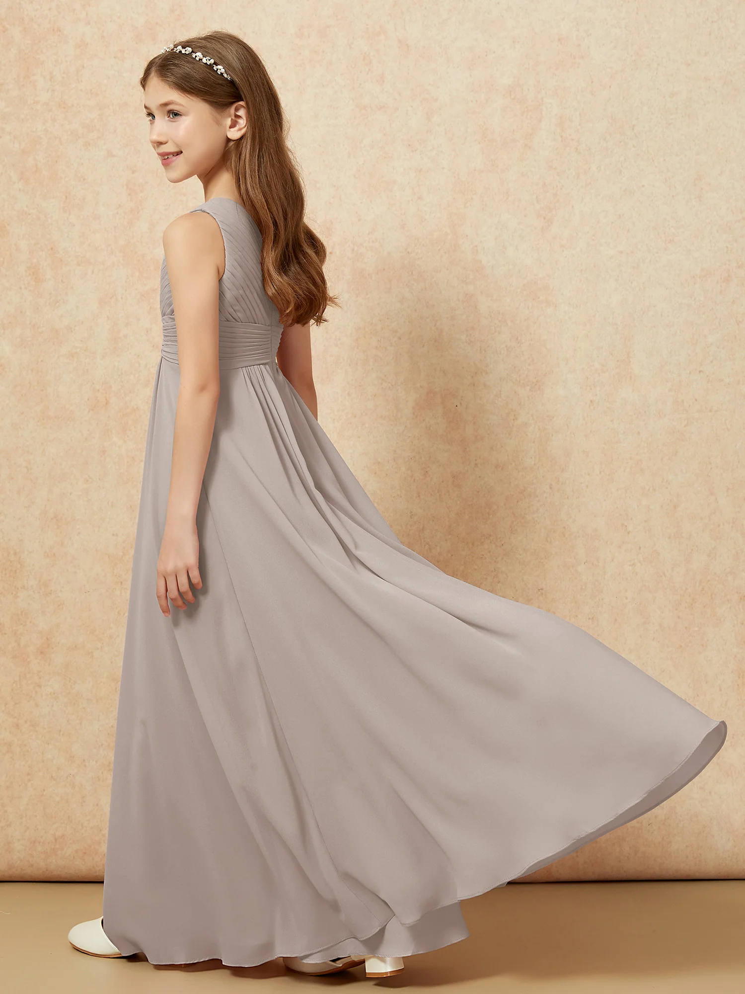 One Shoulder Pleated Chiffon Junior Bridesmaid Dress Taupe - Image 6