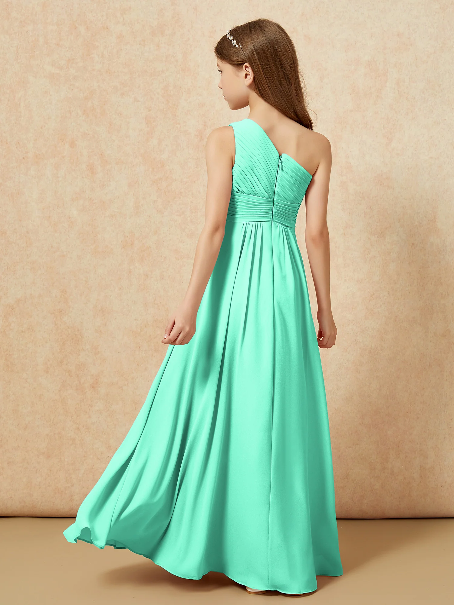 One Shoulder Pleated Chiffon Junior Bridesmaid Dress Turquoise - Image 2