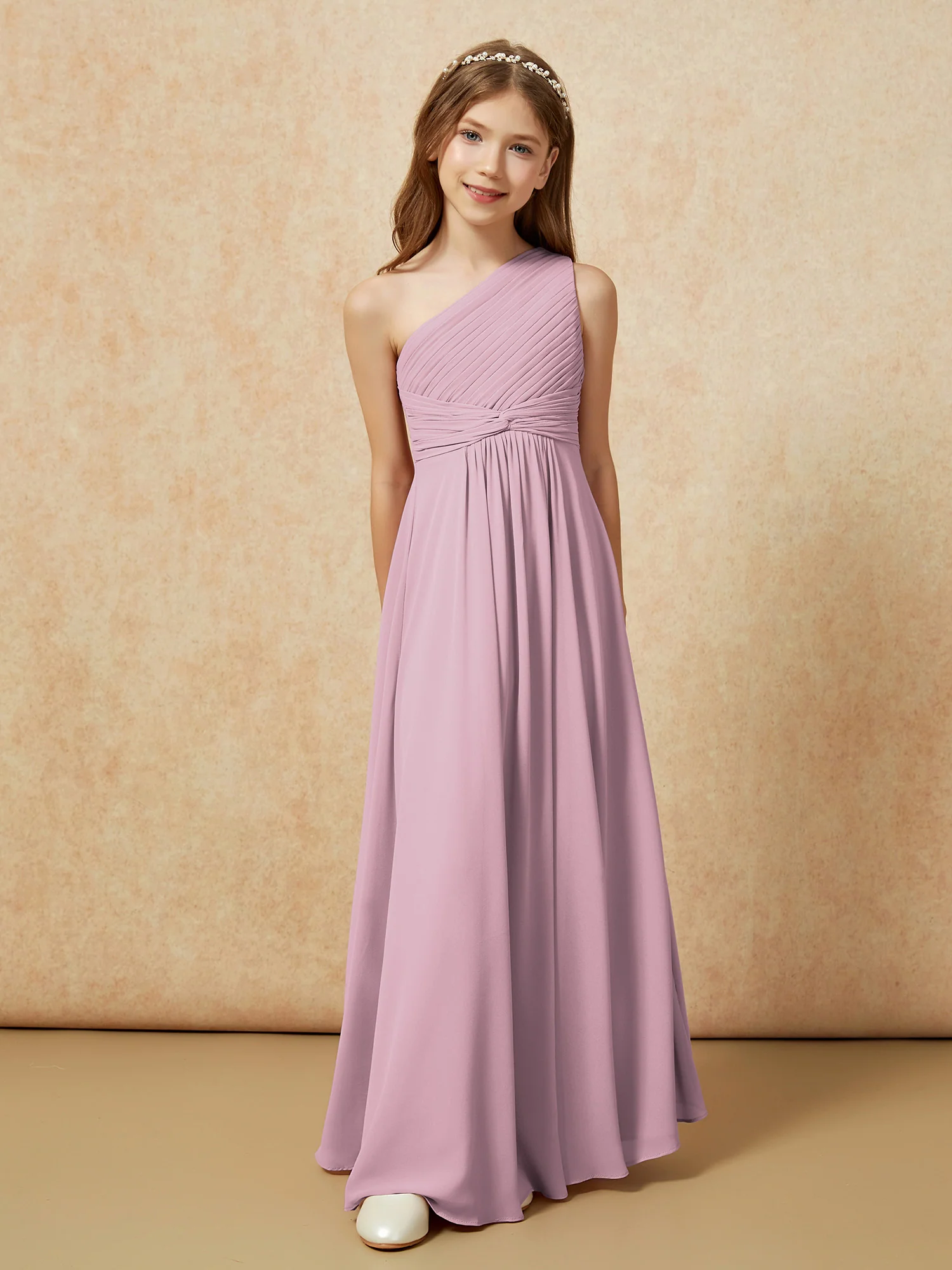 One Shoulder Pleated Chiffon Junior Bridesmaid Dress Vintage Mauve