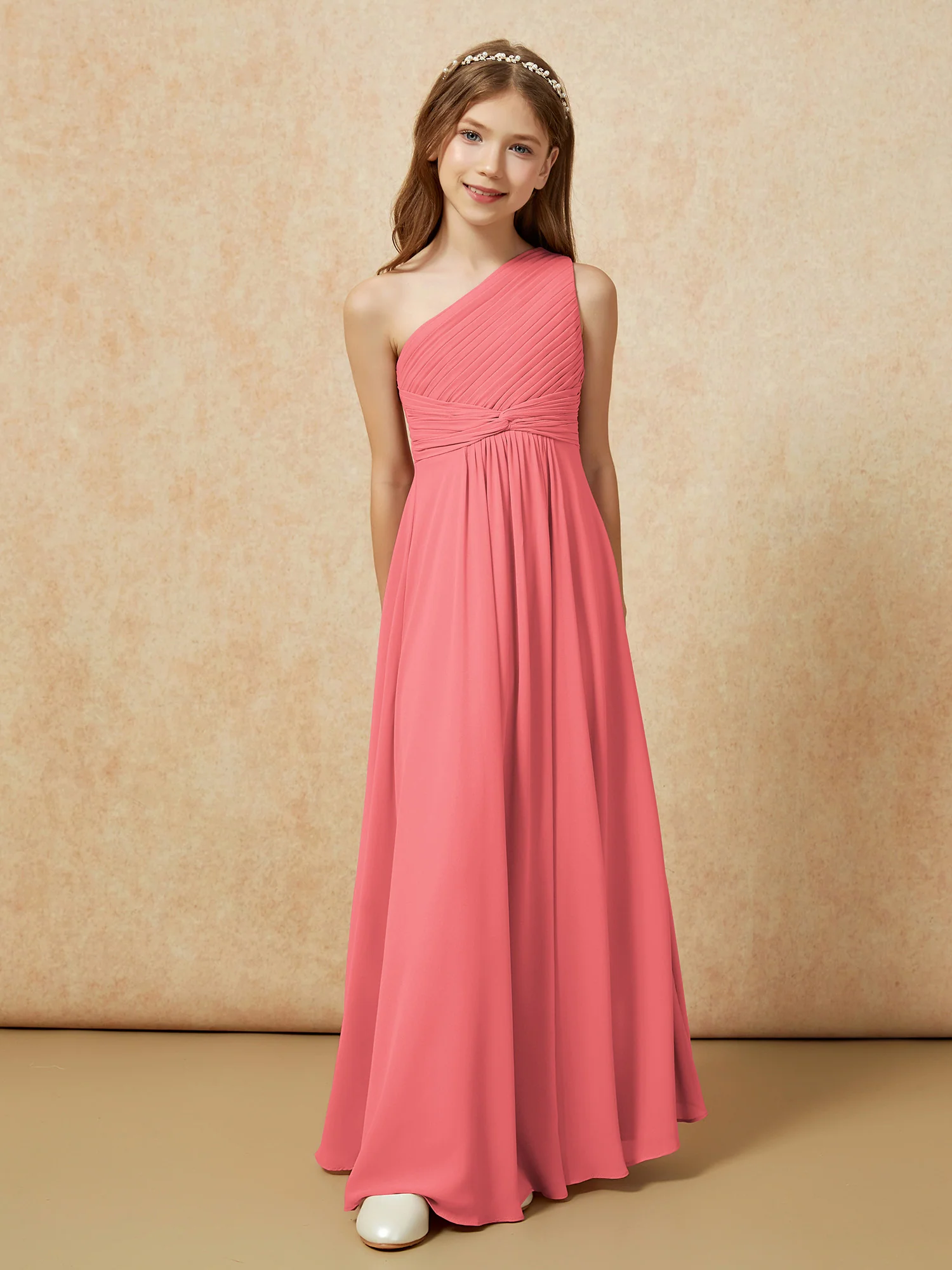 One Shoulder Pleated Chiffon Junior Bridesmaid Dress Watermelon