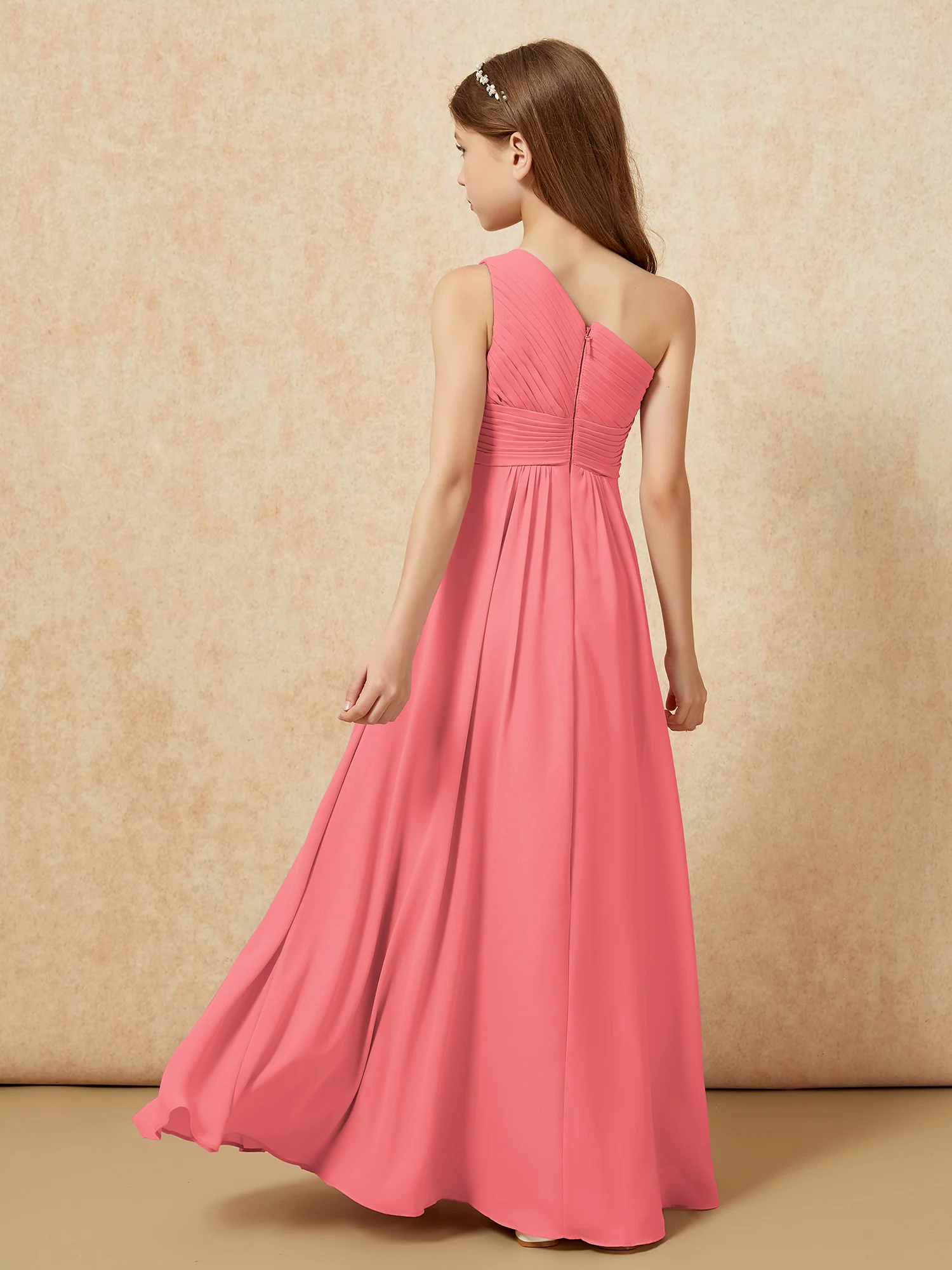 One Shoulder Pleated Chiffon Junior Bridesmaid Dress Watermelon - Image 2