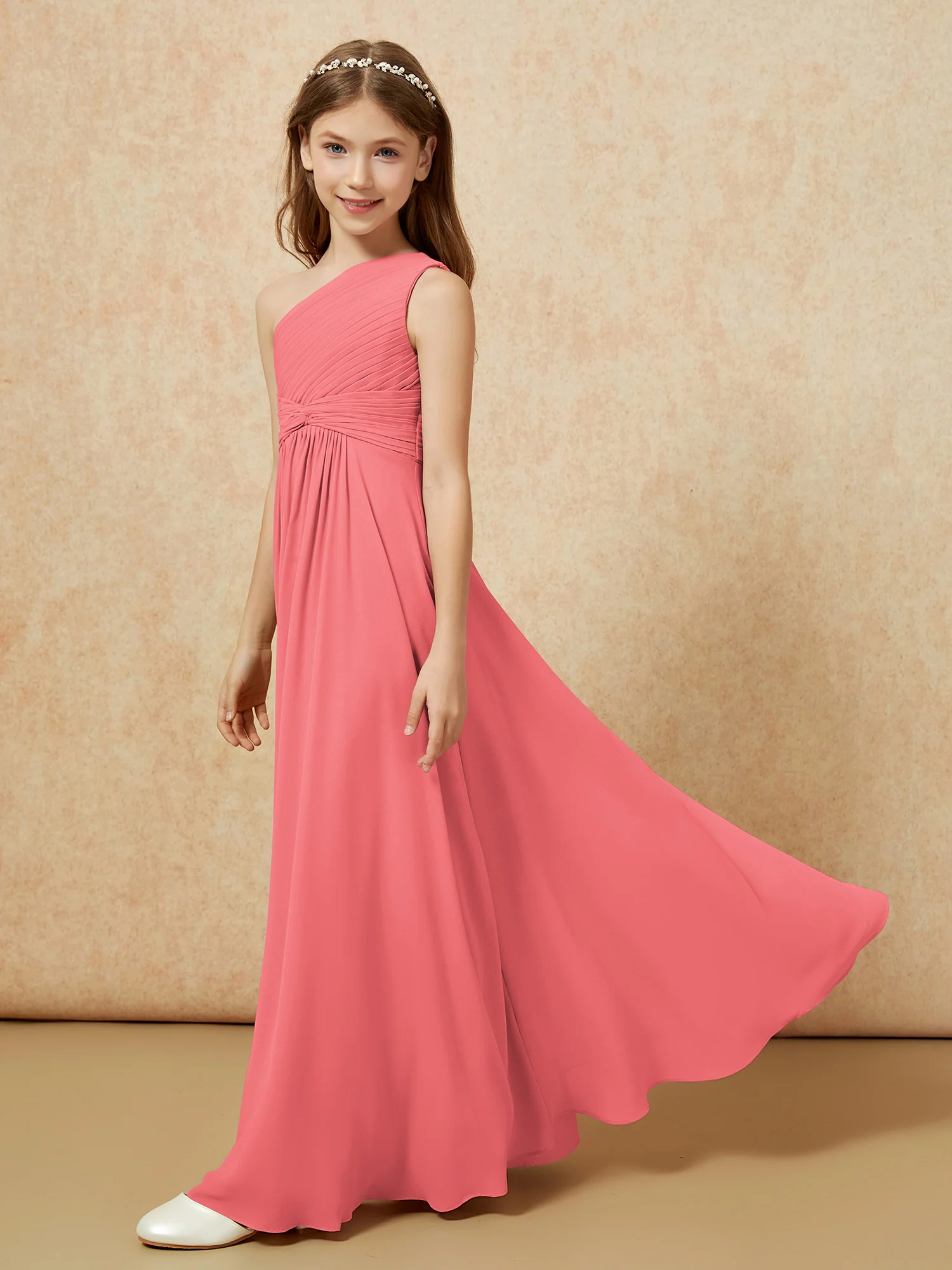 One Shoulder Pleated Chiffon Junior Bridesmaid Dress Watermelon - Image 3