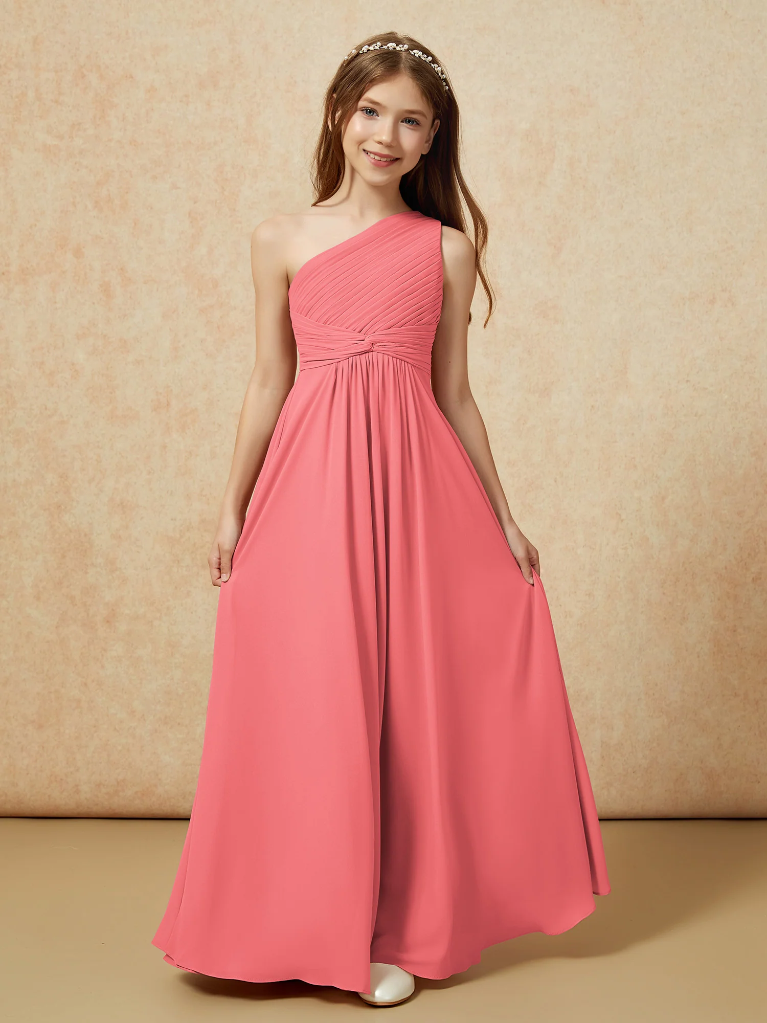 One Shoulder Pleated Chiffon Junior Bridesmaid Dress Watermelon - Image 4