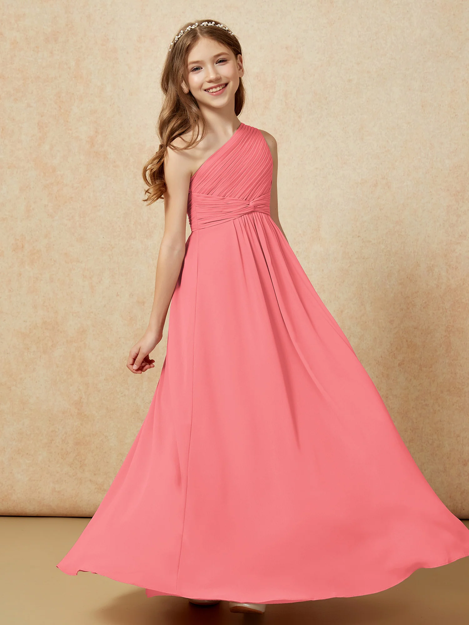 One Shoulder Pleated Chiffon Junior Bridesmaid Dress Watermelon - Image 5