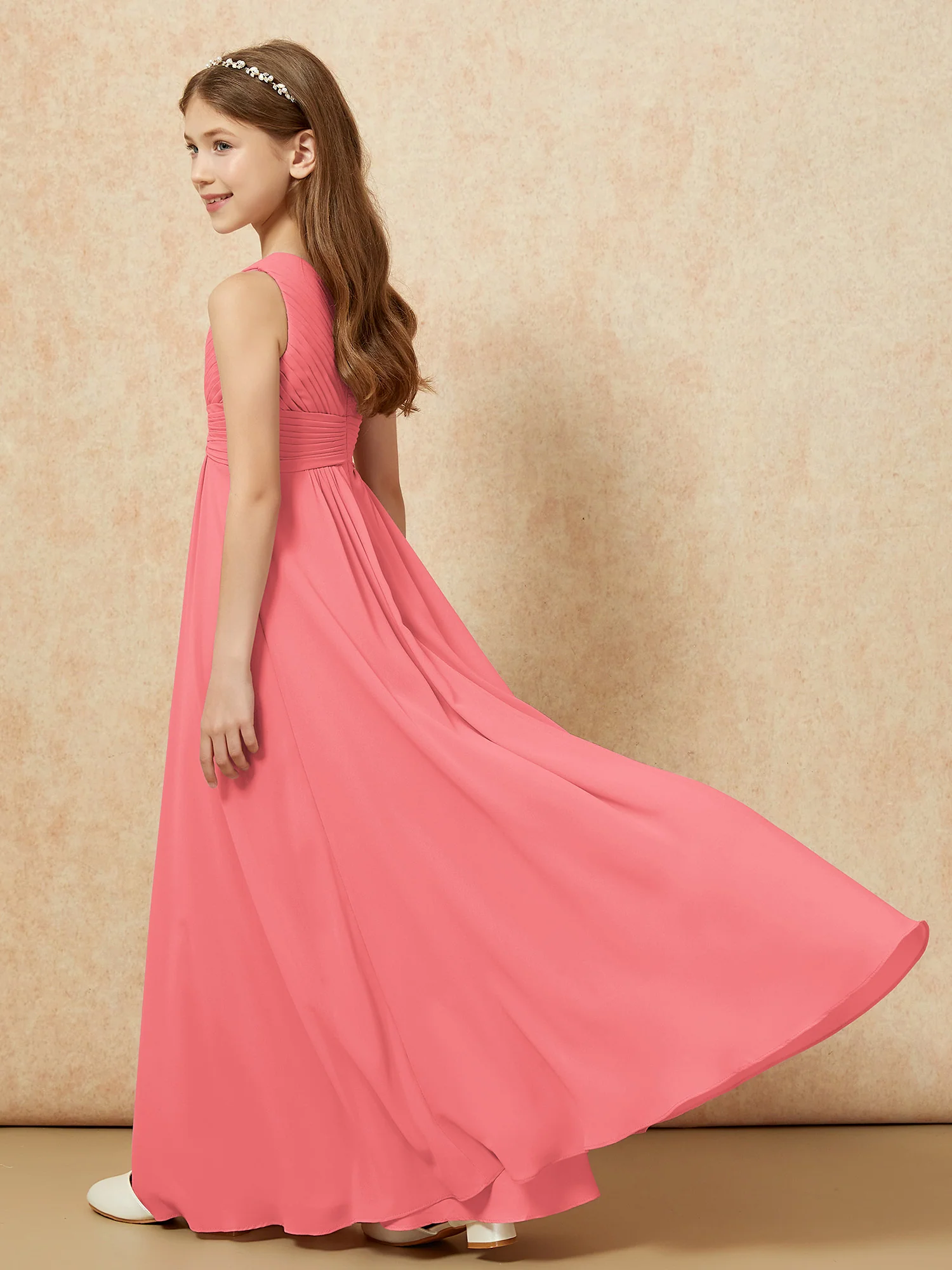 One Shoulder Pleated Chiffon Junior Bridesmaid Dress Watermelon - Image 6