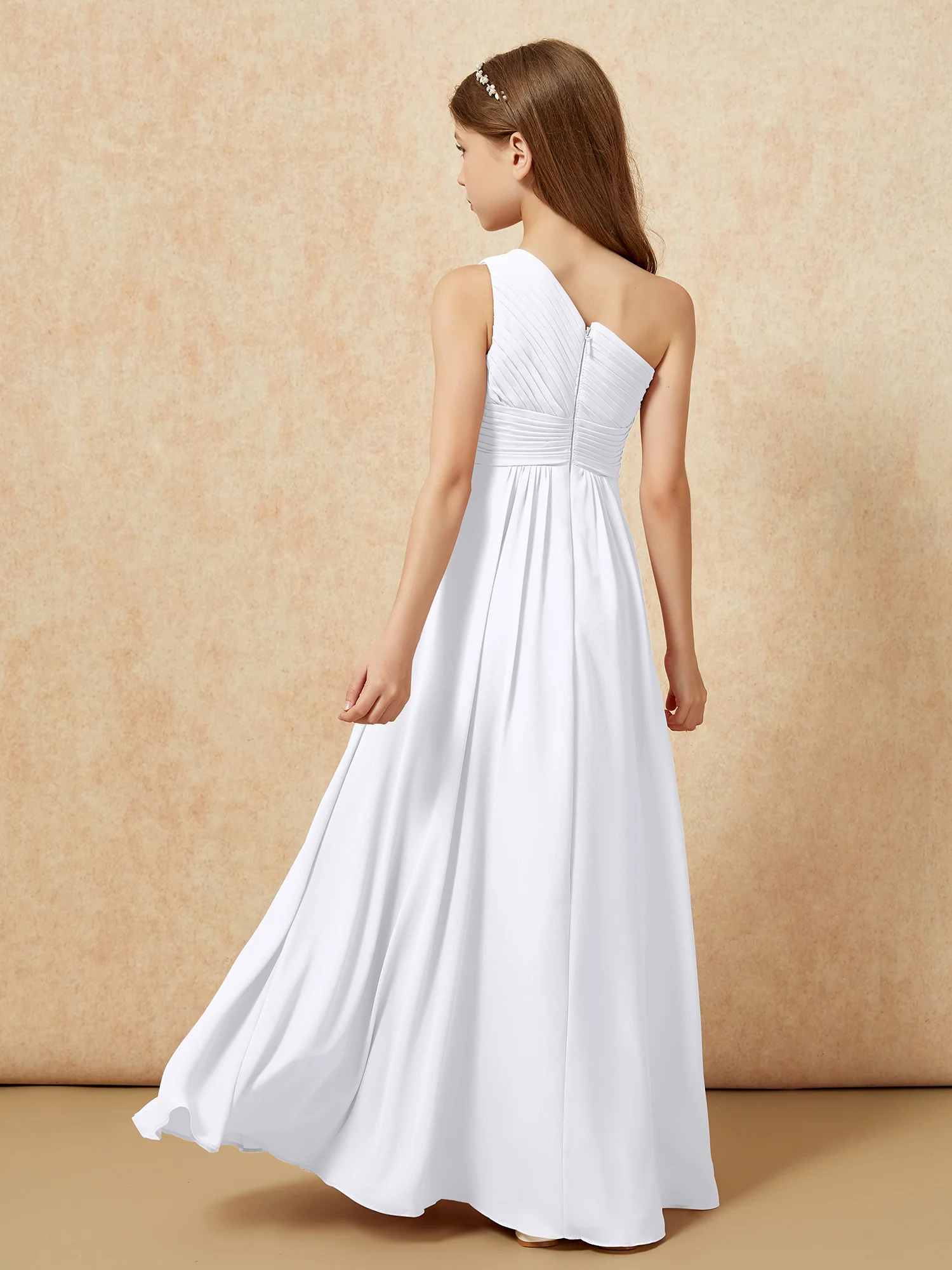 One Shoulder Pleated Chiffon Junior Bridesmaid Dress White - Image 2