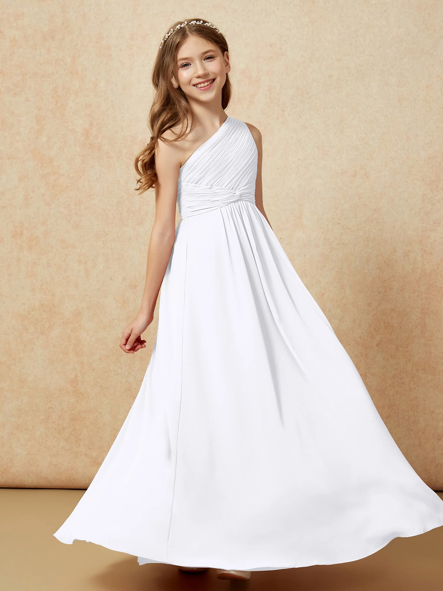 One Shoulder Pleated Chiffon Junior Bridesmaid Dress White - Image 5